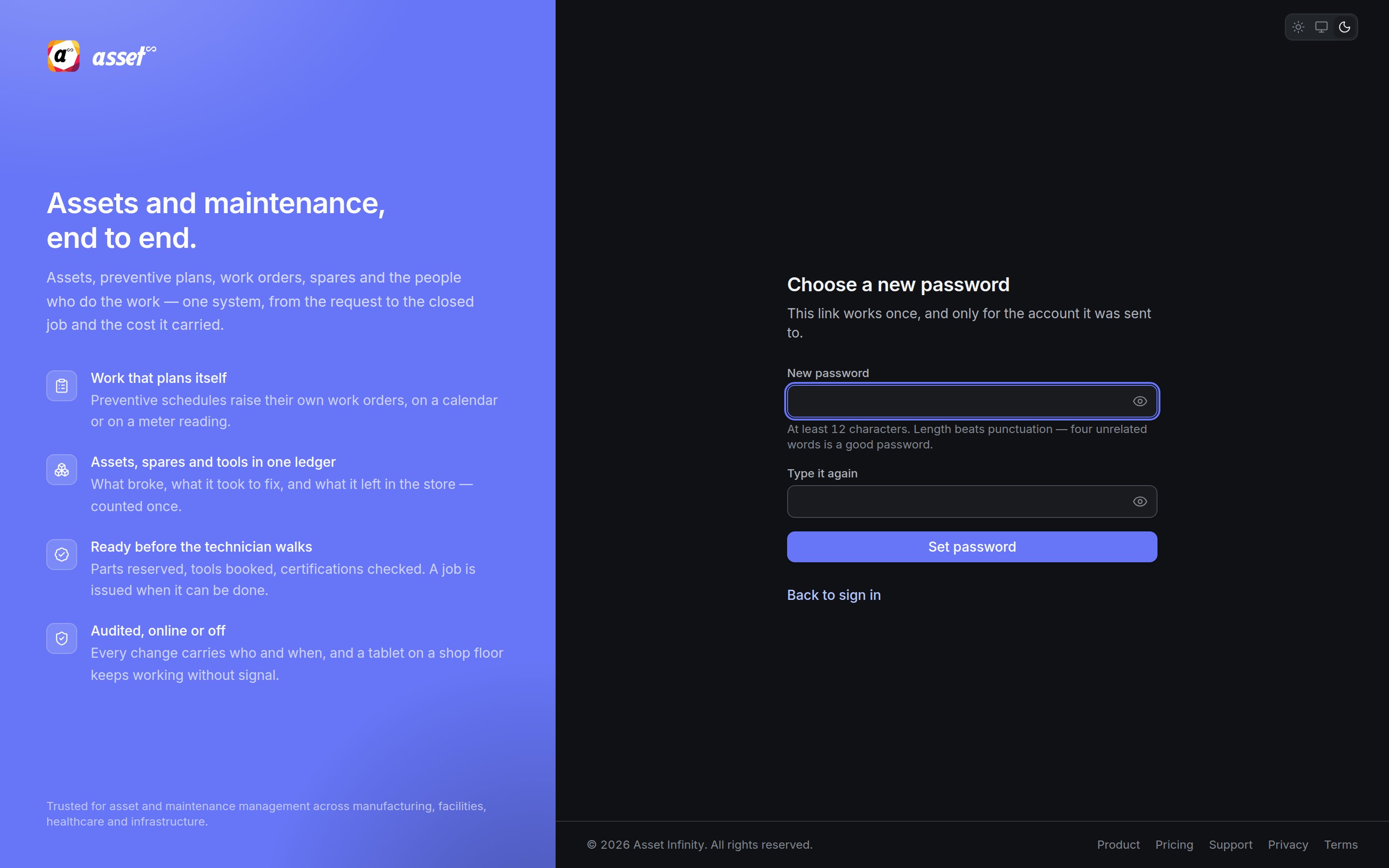 The Choose a new password screen opened from a reset link