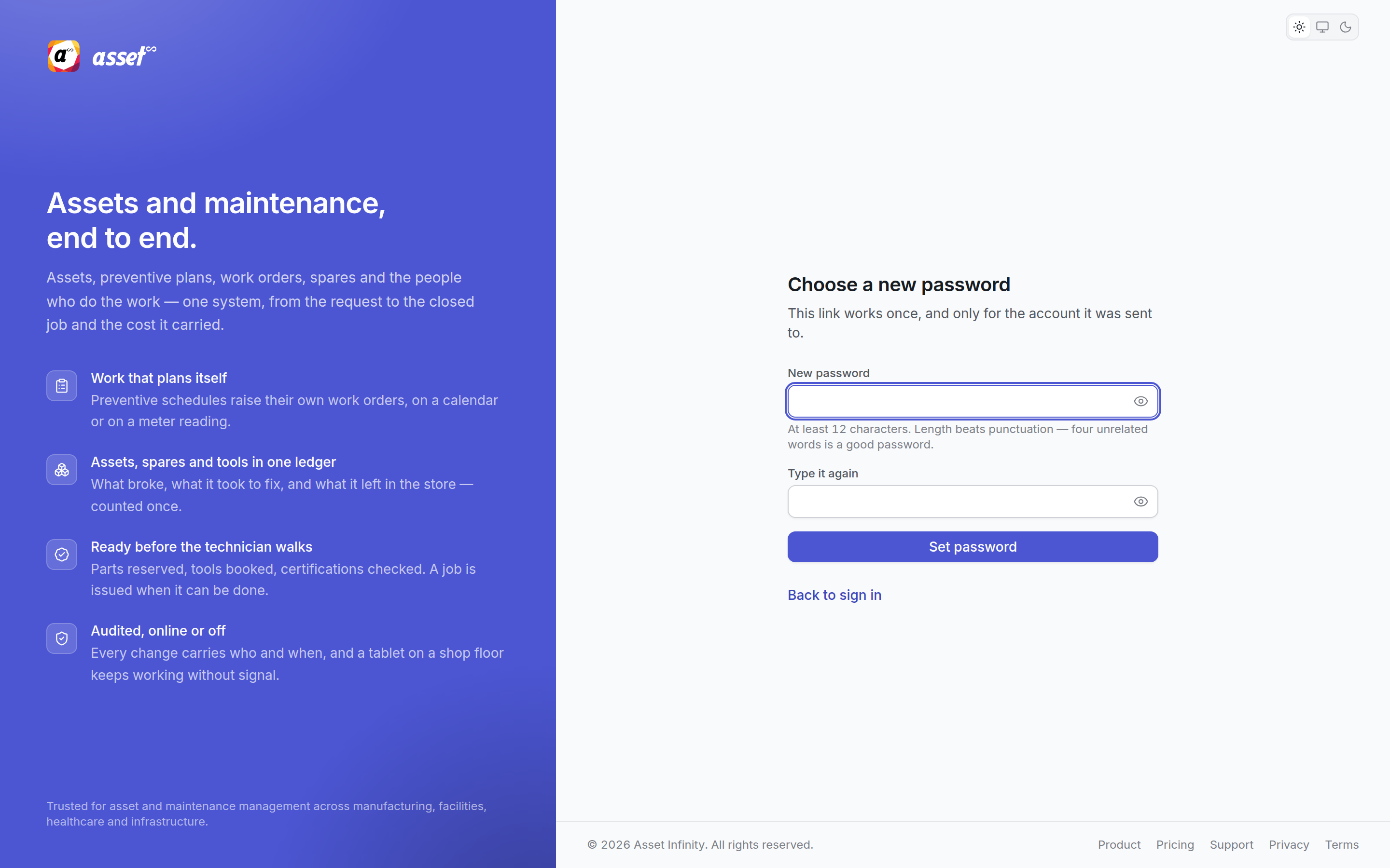 The Choose a new password screen opened from a reset link