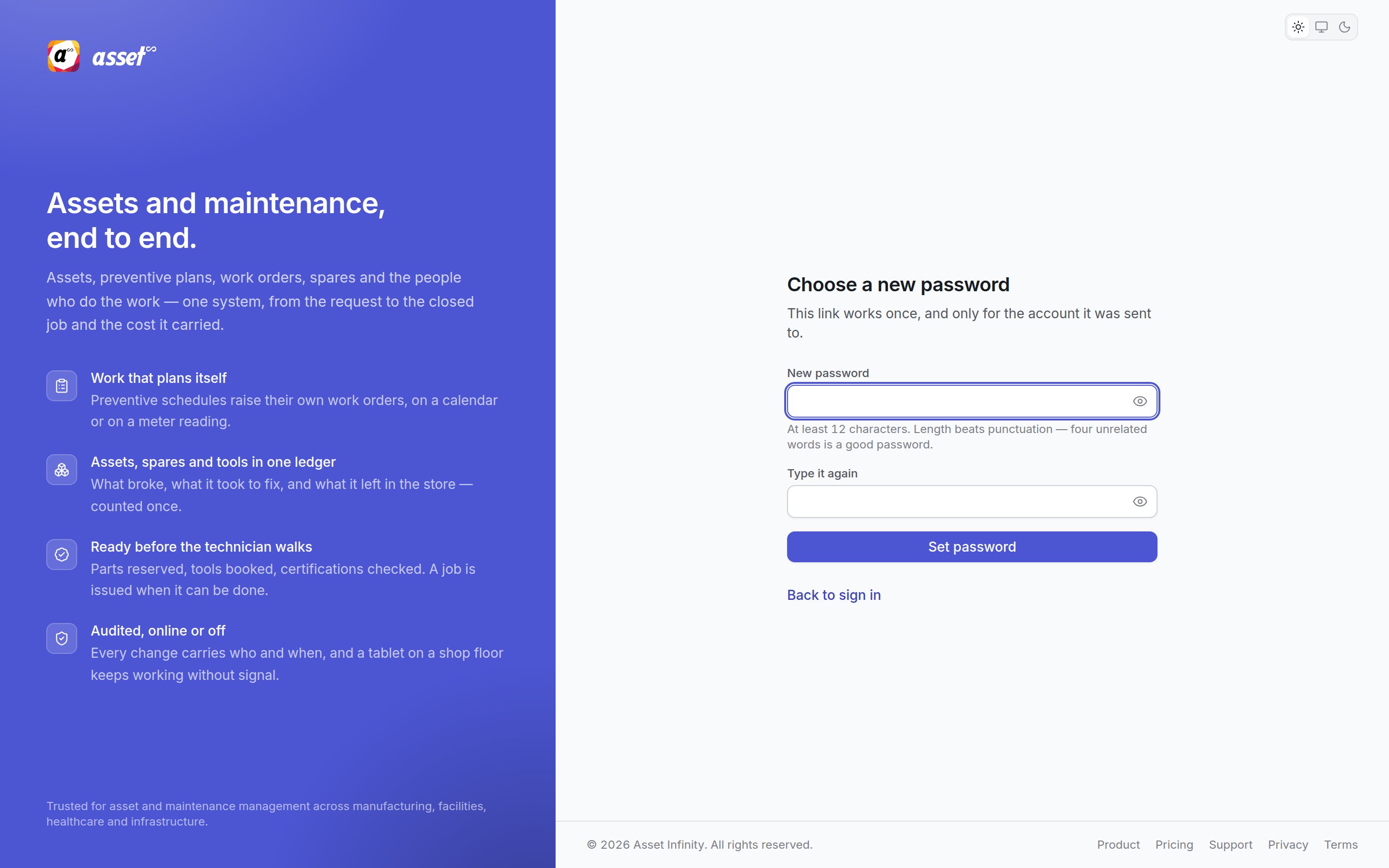 The Choose a new password screen opened from a reset link