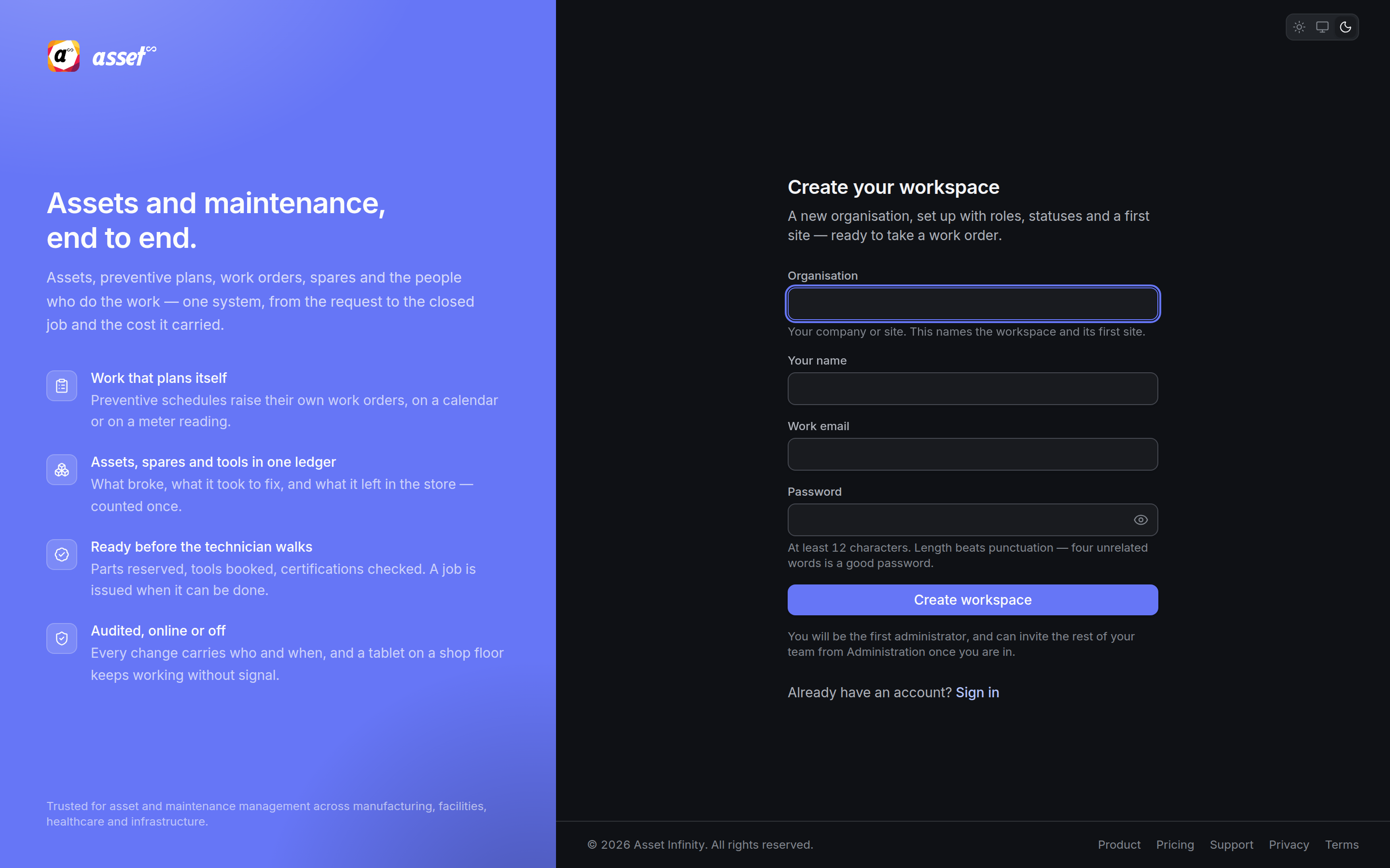 The Create your workspace form