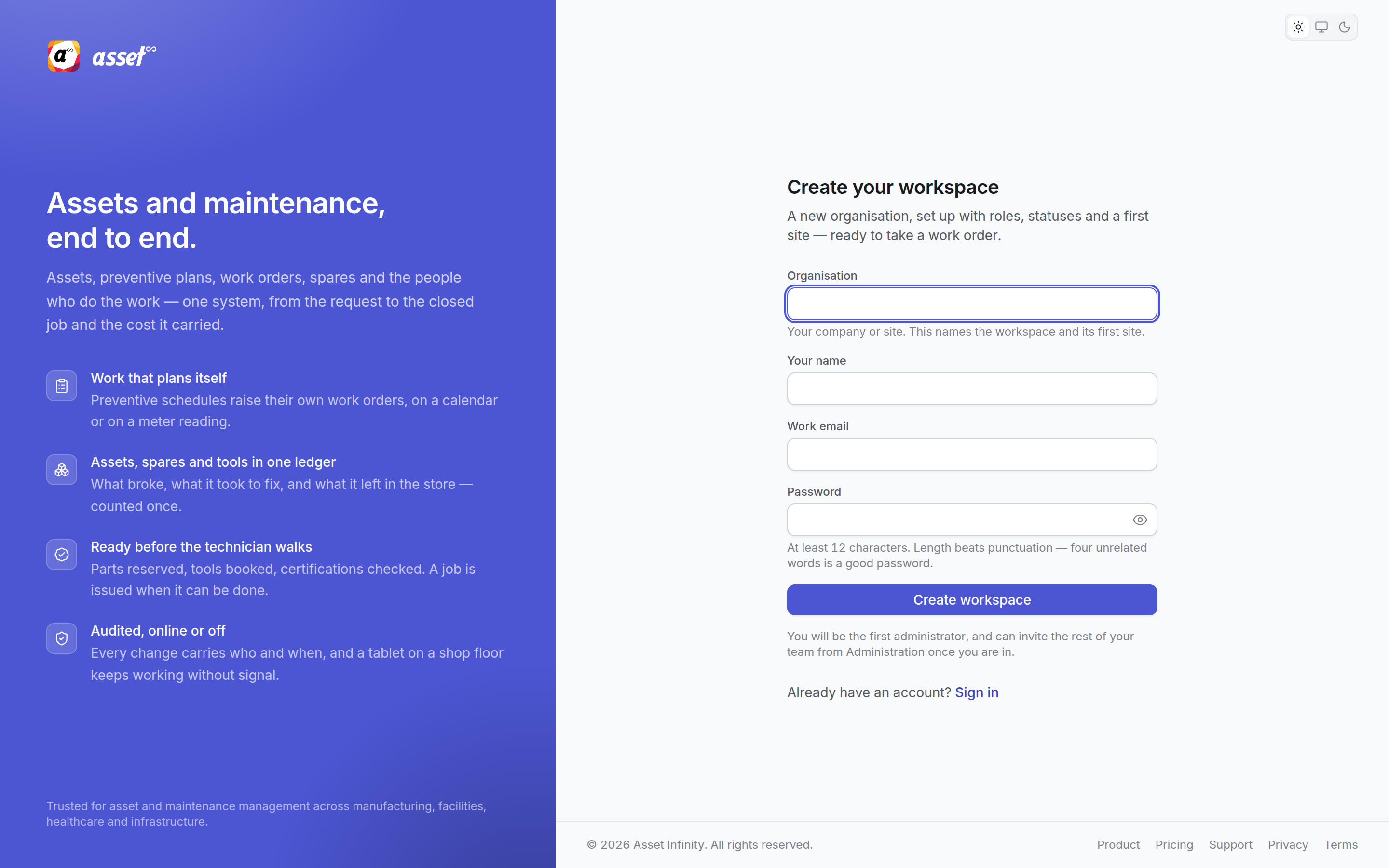 The Create your workspace form