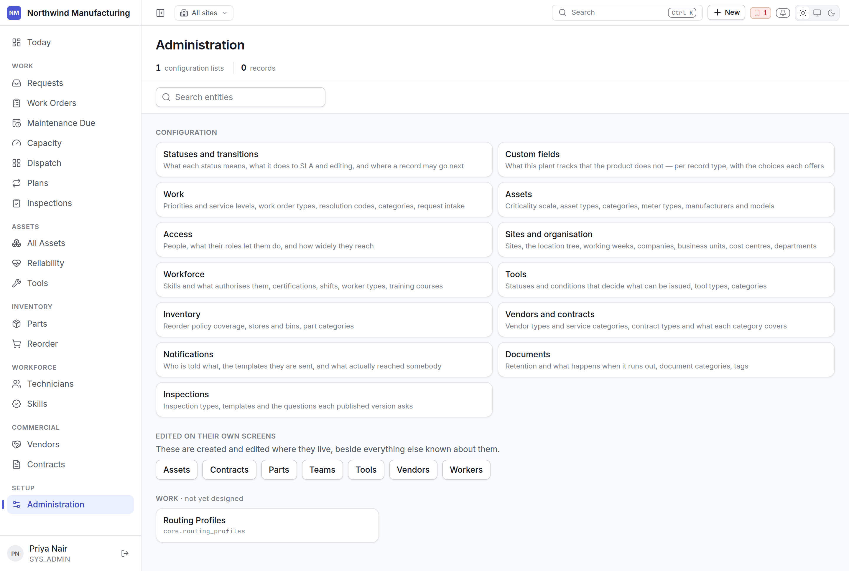The Administration screen