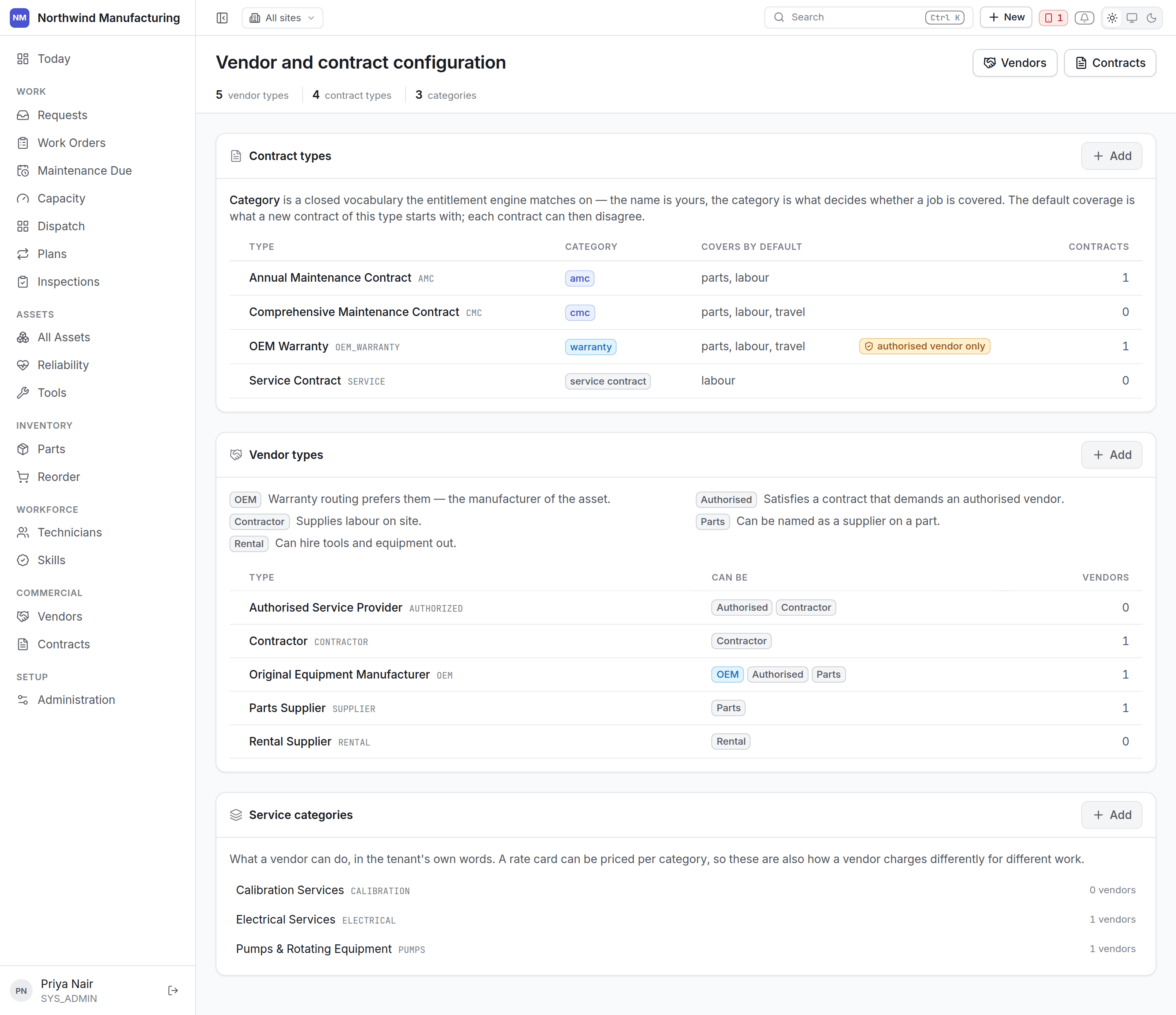 The vendor and contract settings screen