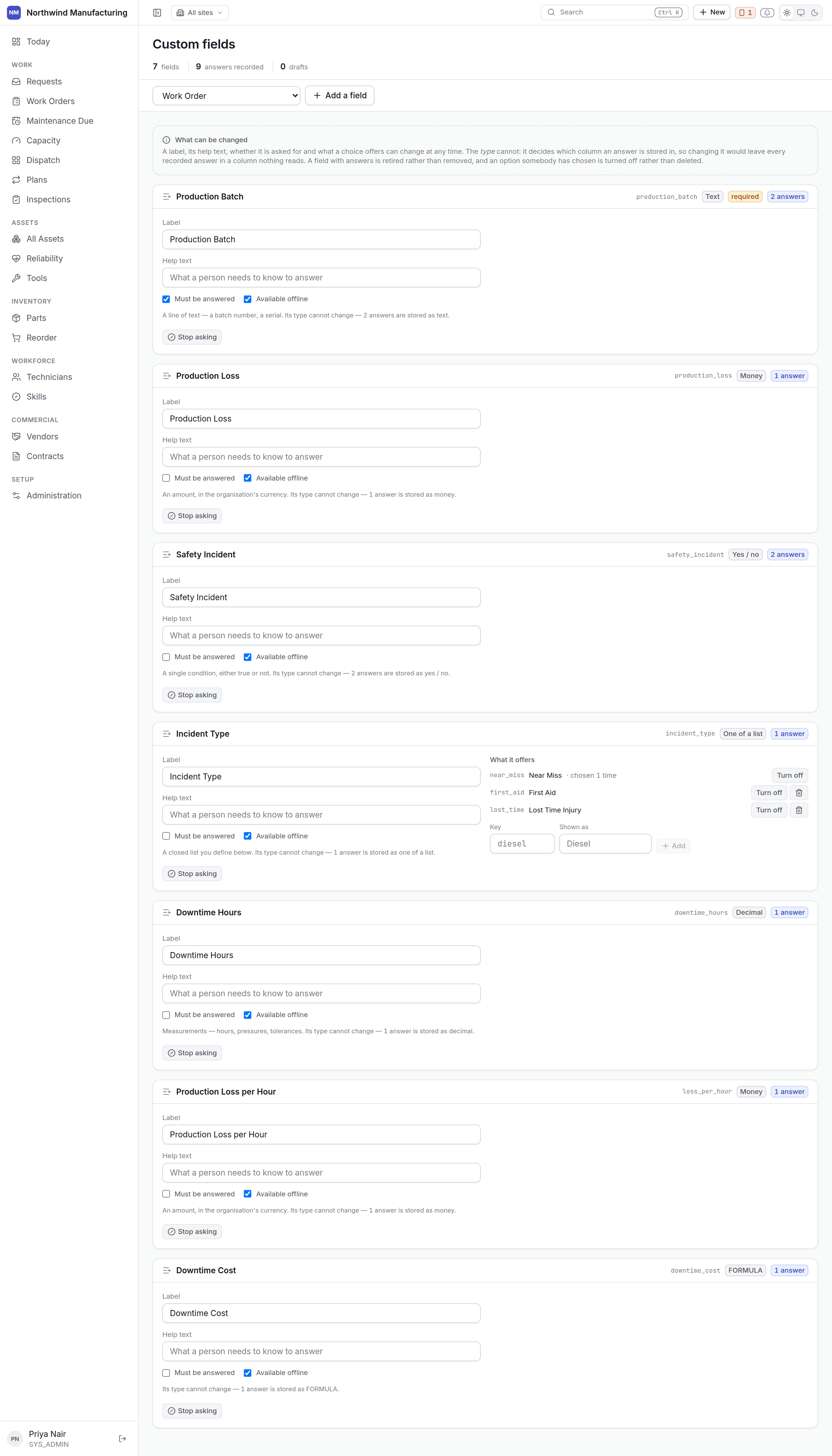 The custom fields settings screen