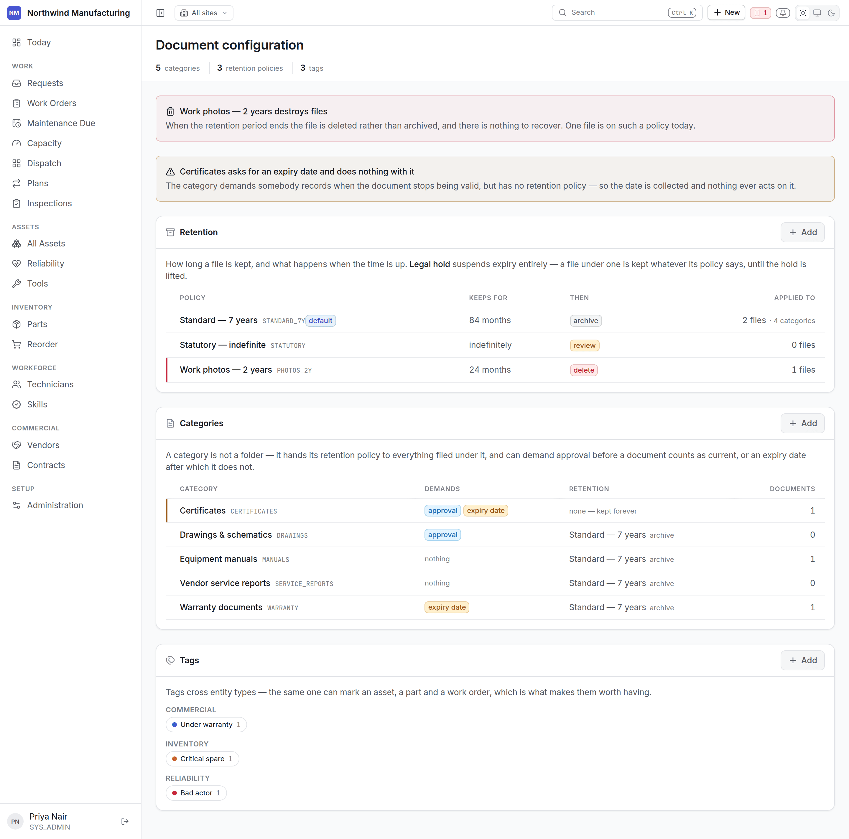 The document settings screen