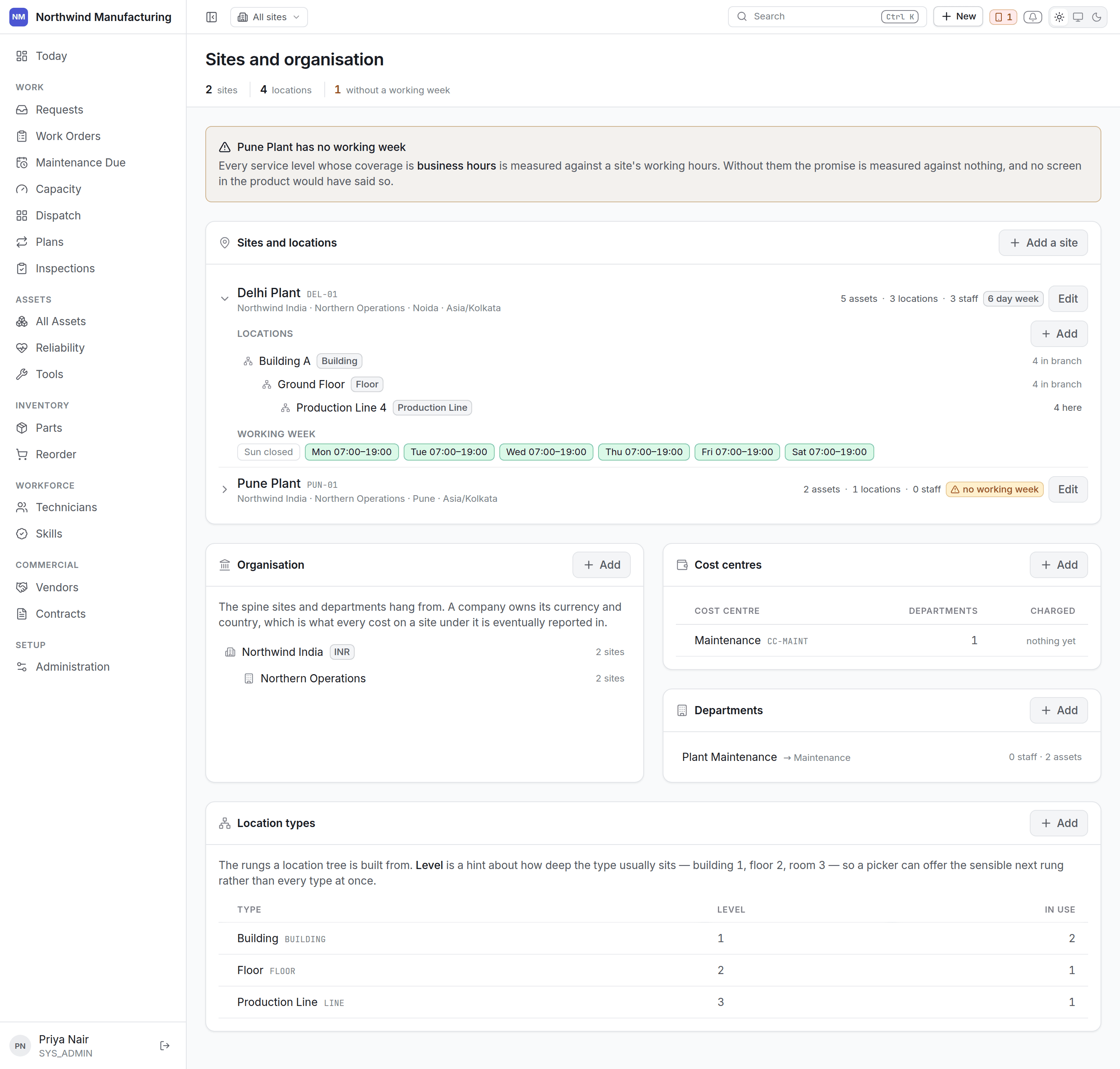 The sites and organisation settings screen