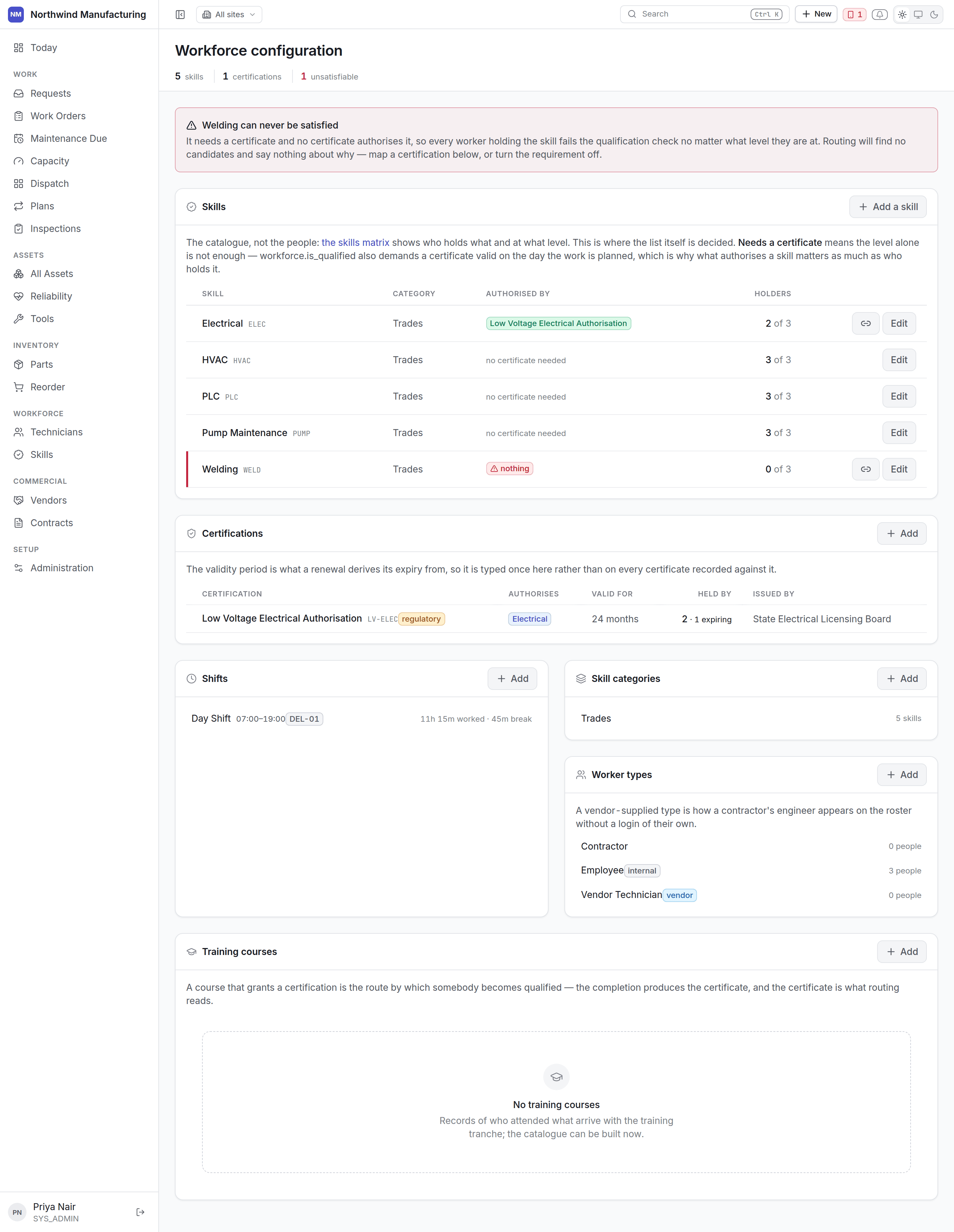 The workforce settings screen