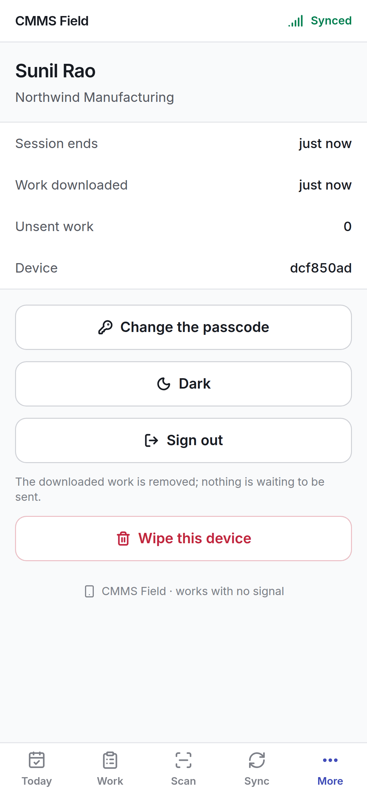 The More screen on the field app, showing sign out and wipe