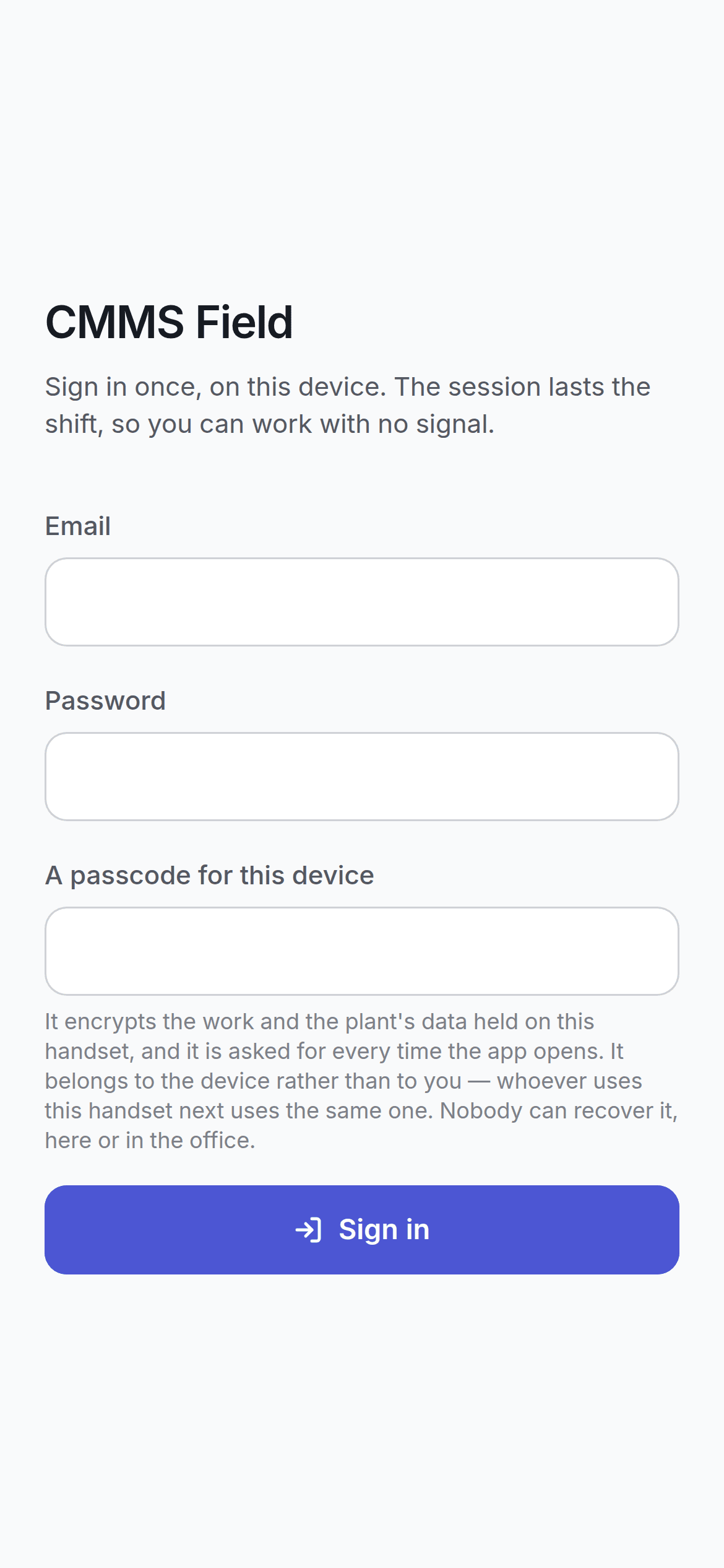 The field app sign-in screen