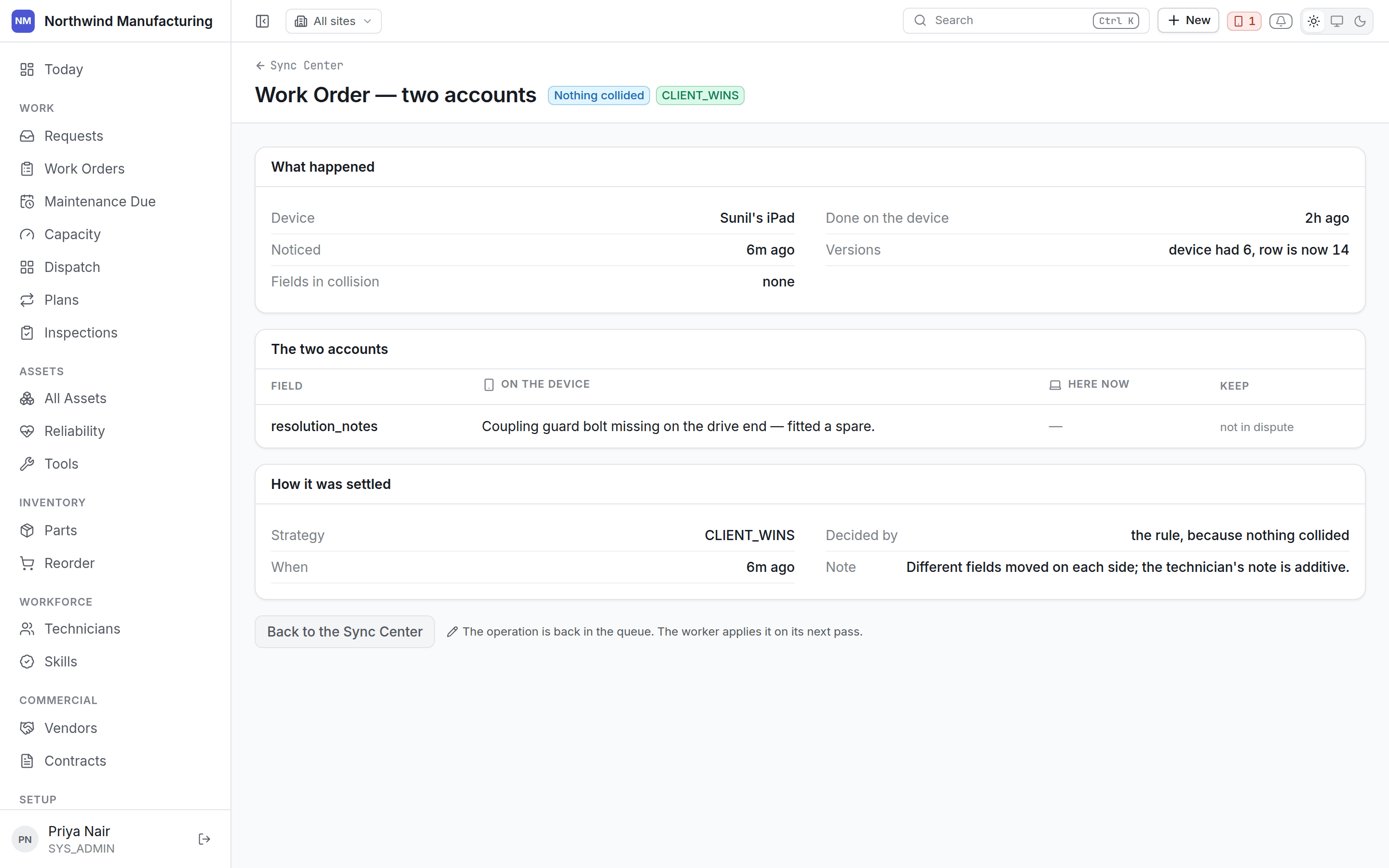 A sync conflict with both versions side by side