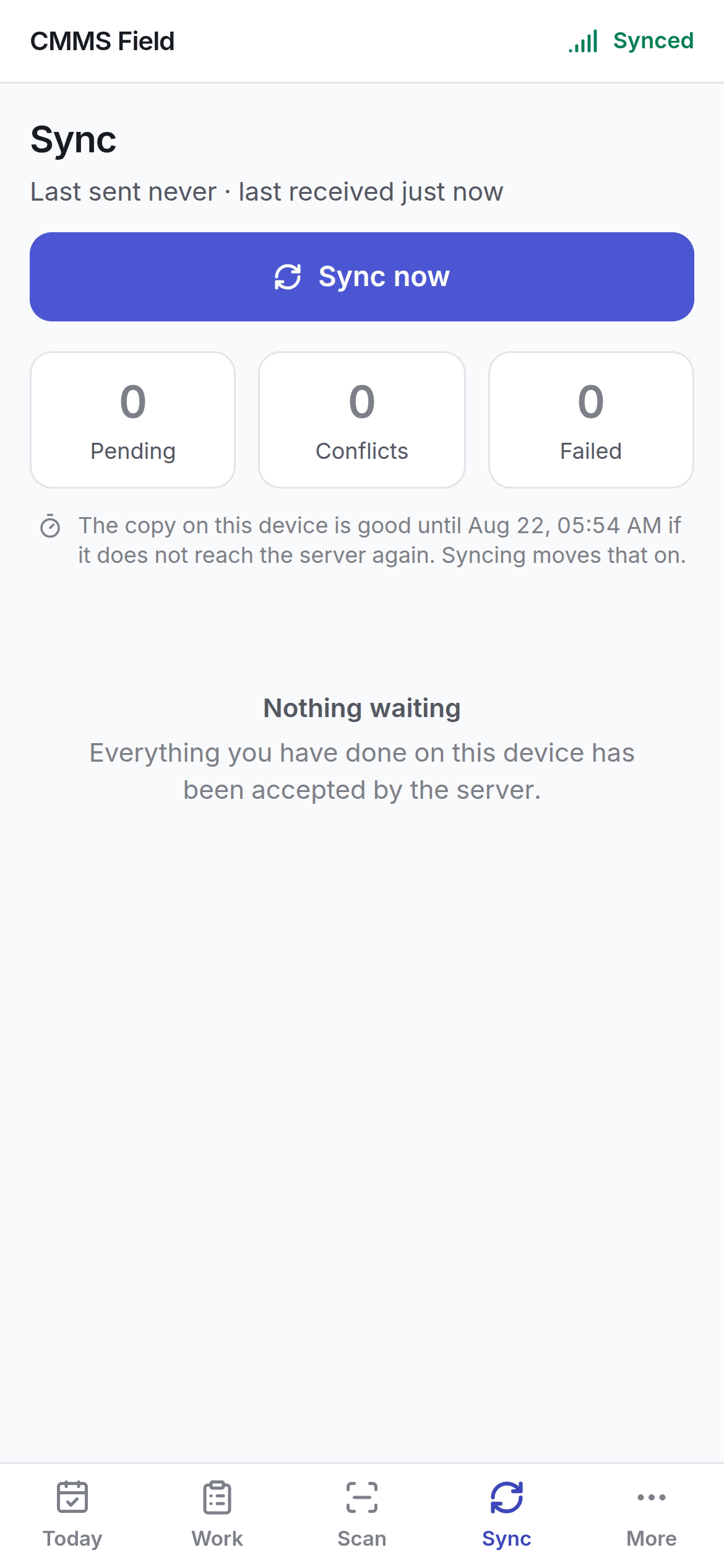 The Sync screen on the field app