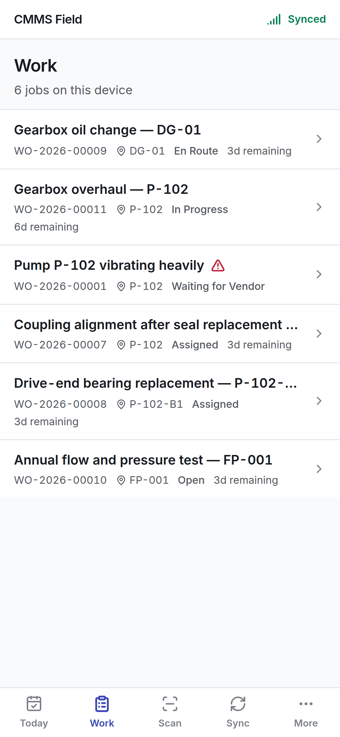 The Work screen on the field app