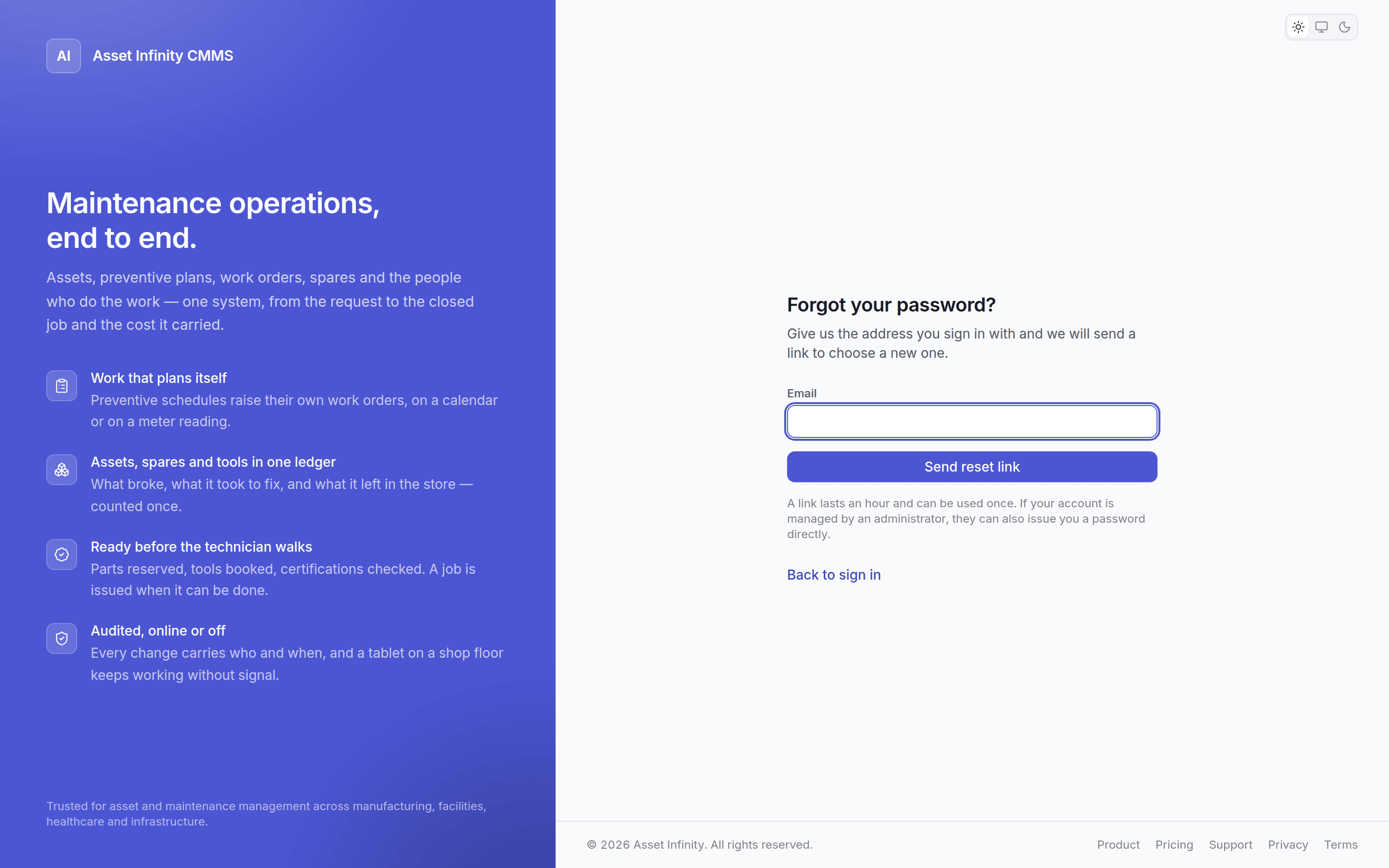 The forgotten password screen