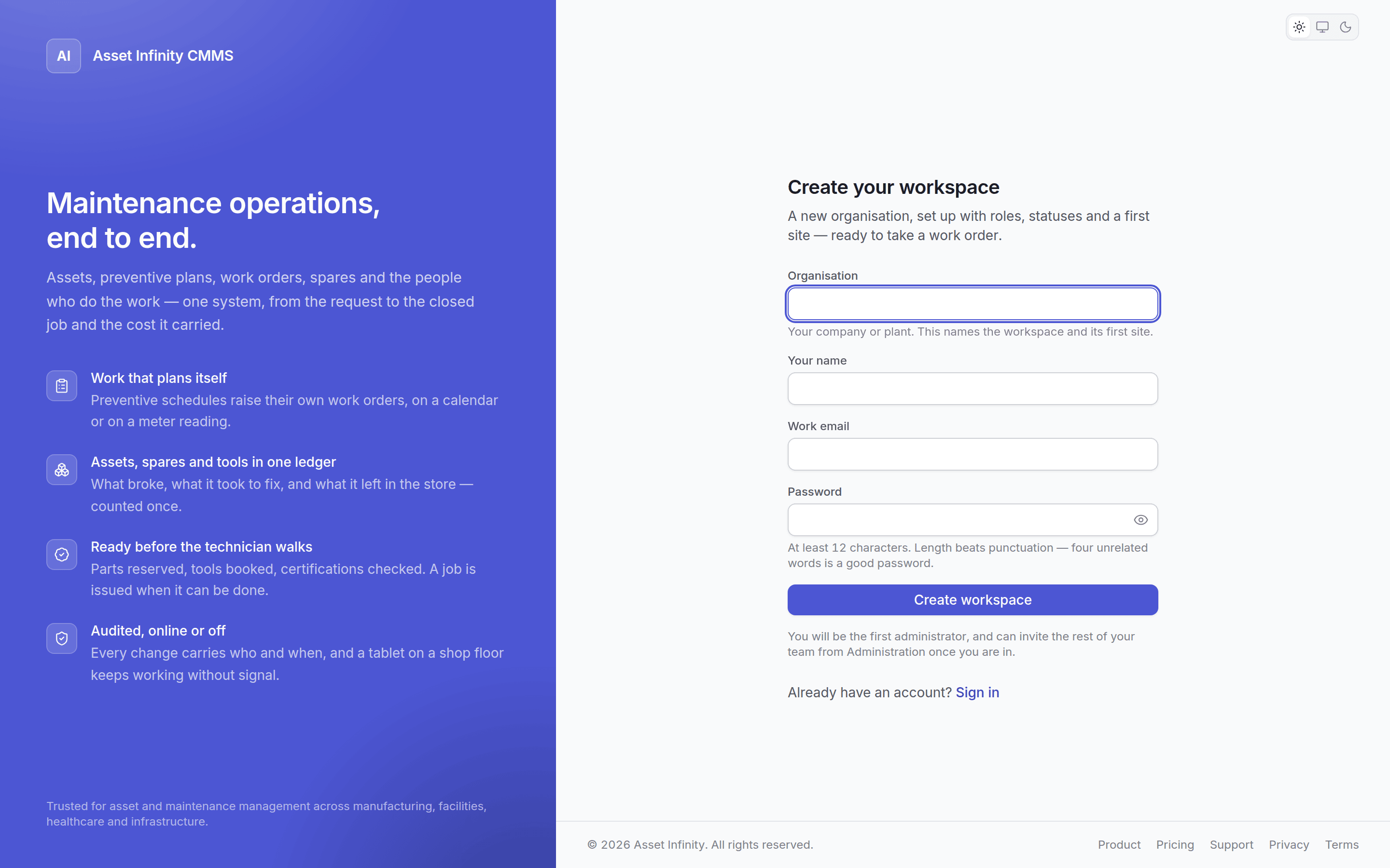 The sign-up screen