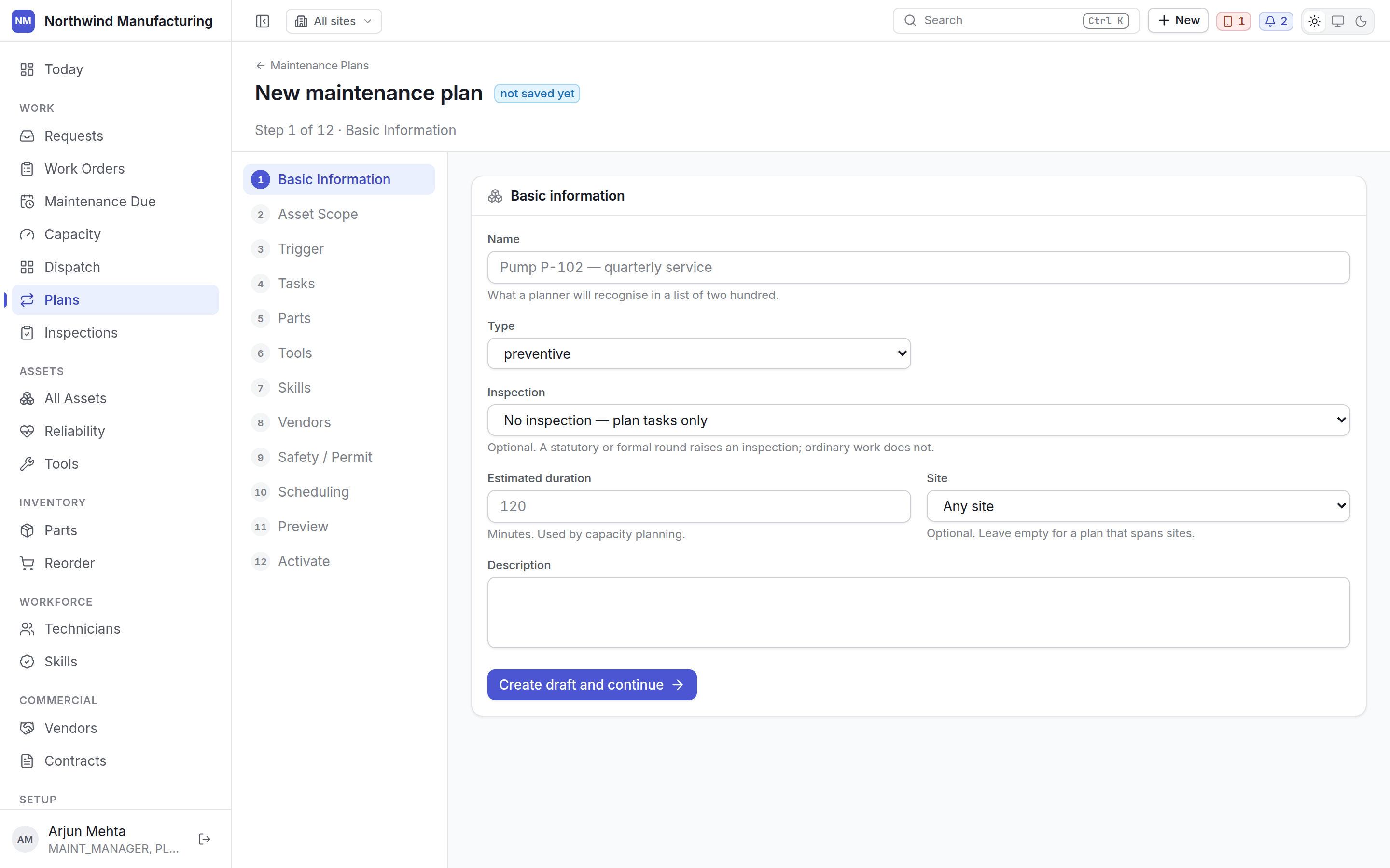 The maintenance plan builder