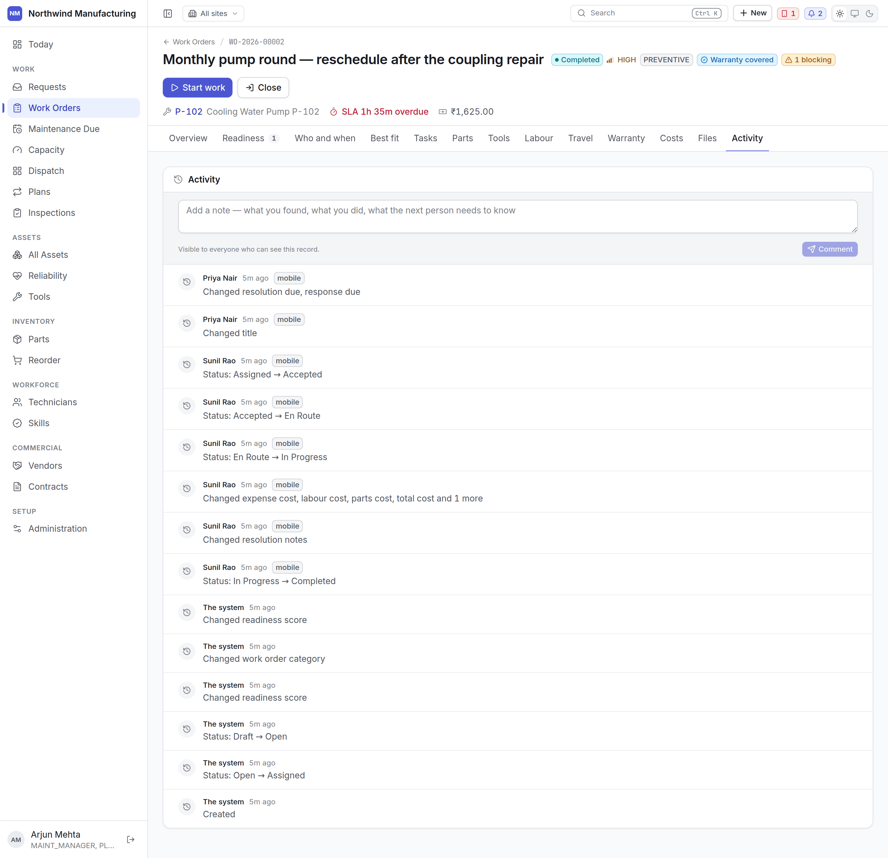 The activity tab of a work order