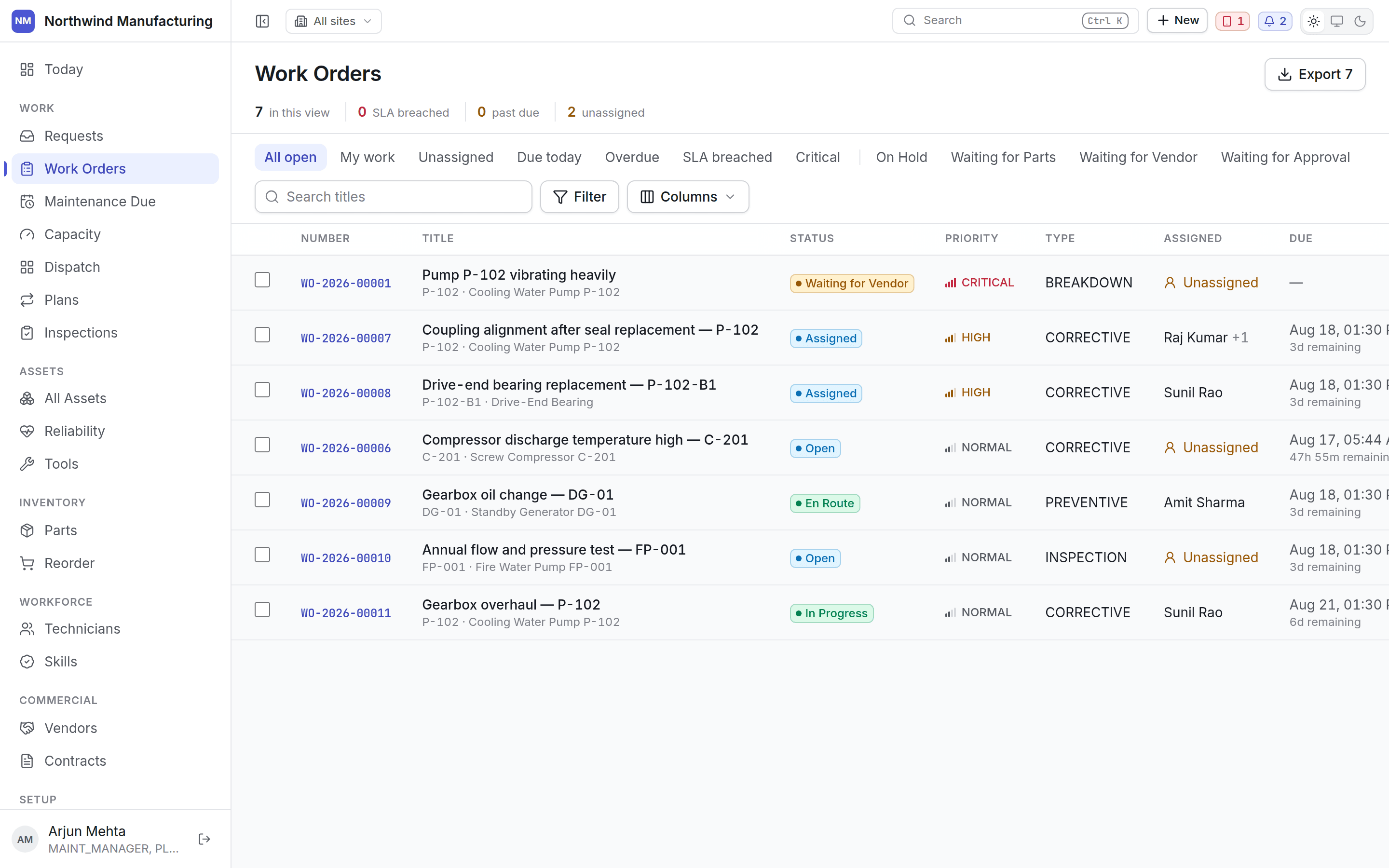 The work order list