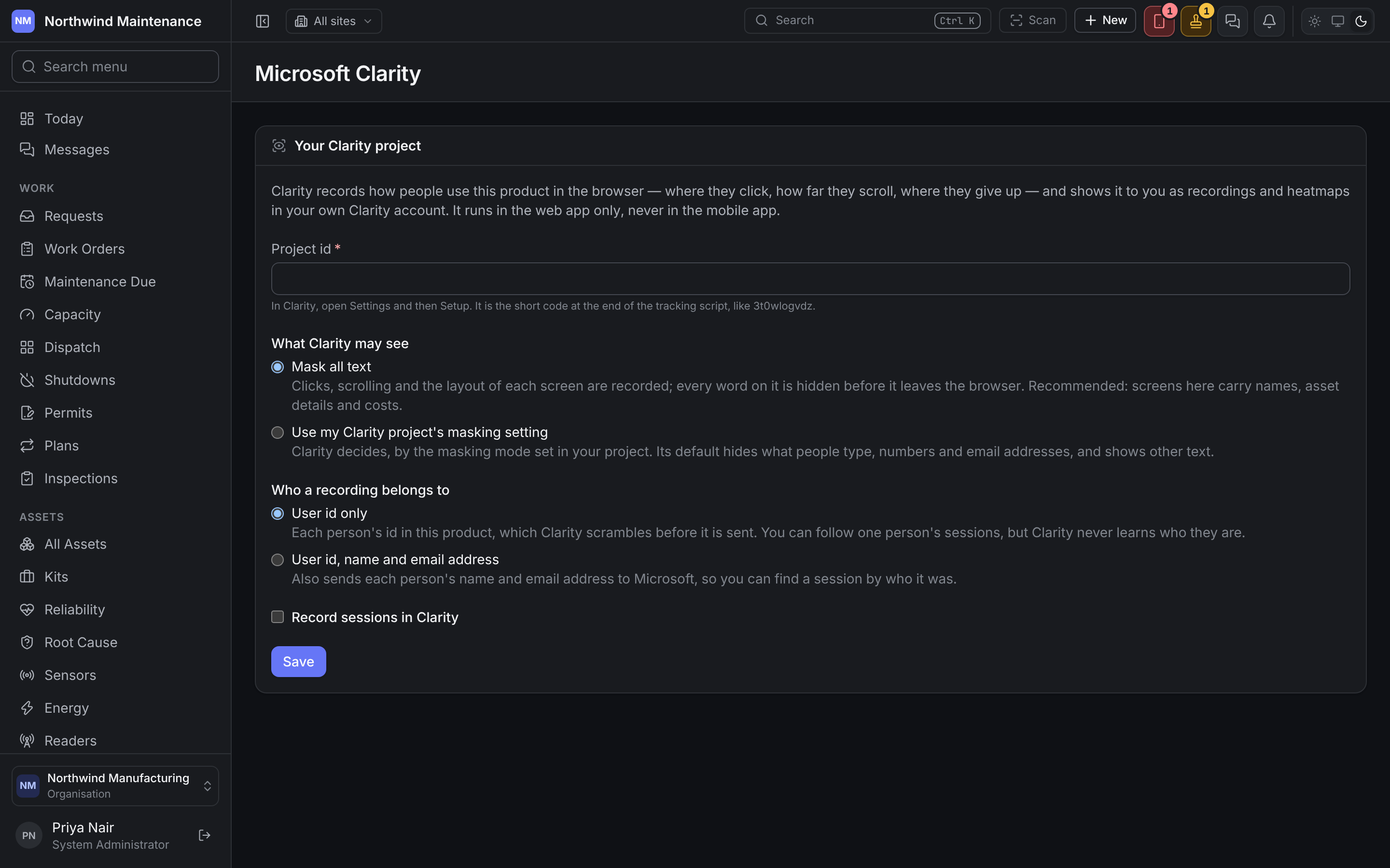 The Microsoft Clarity screen, with the Project id, What Clarity may see, Who a recording belongs to and Record sessions in Clarity