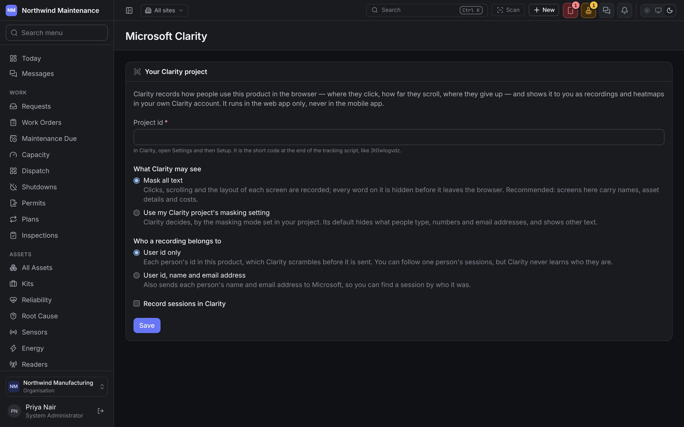 The Microsoft Clarity screen, with the Project id, What Clarity may see, Who a recording belongs to and Record sessions in Clarity