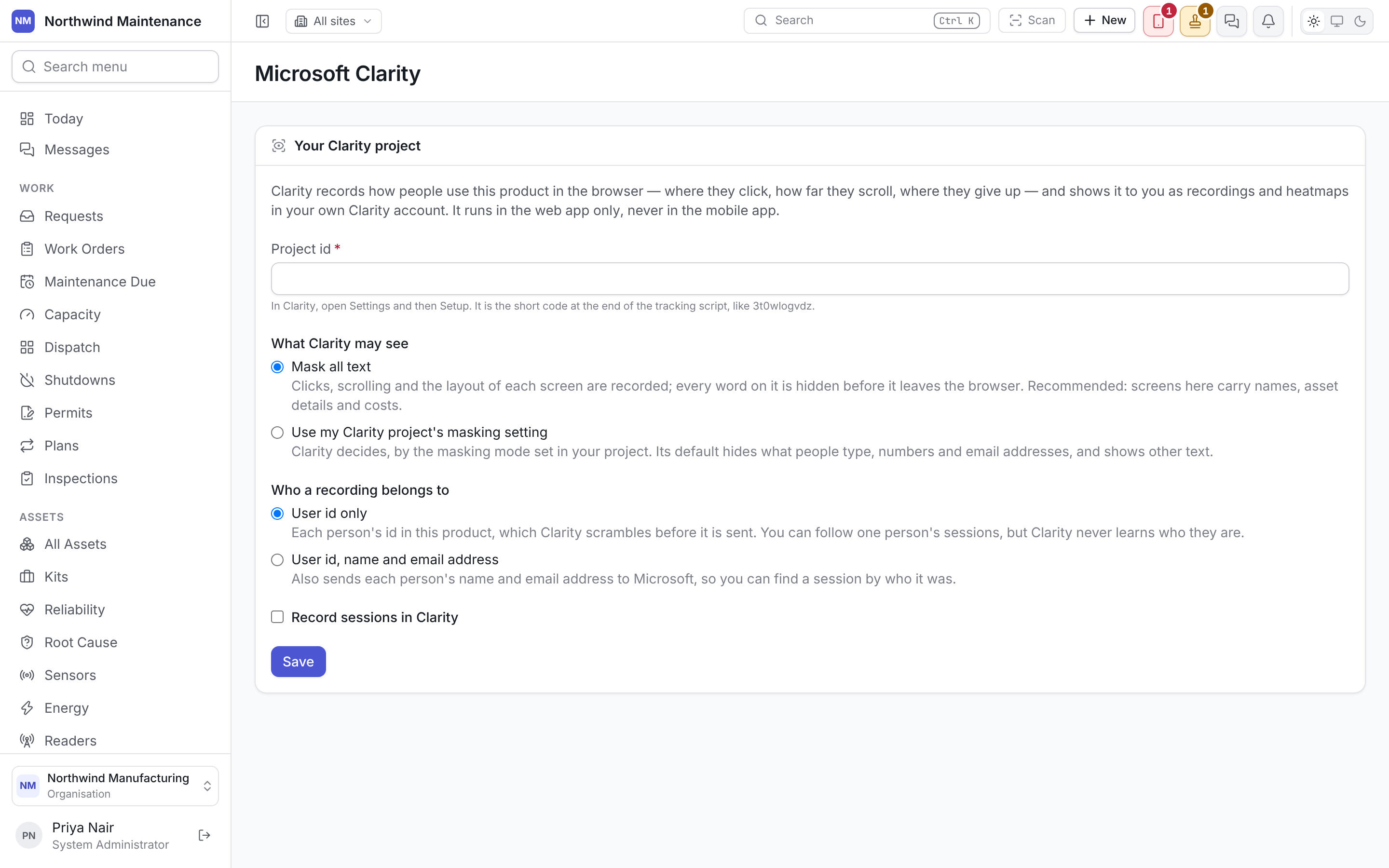 The Microsoft Clarity screen, with the Project id, What Clarity may see, Who a recording belongs to and Record sessions in Clarity