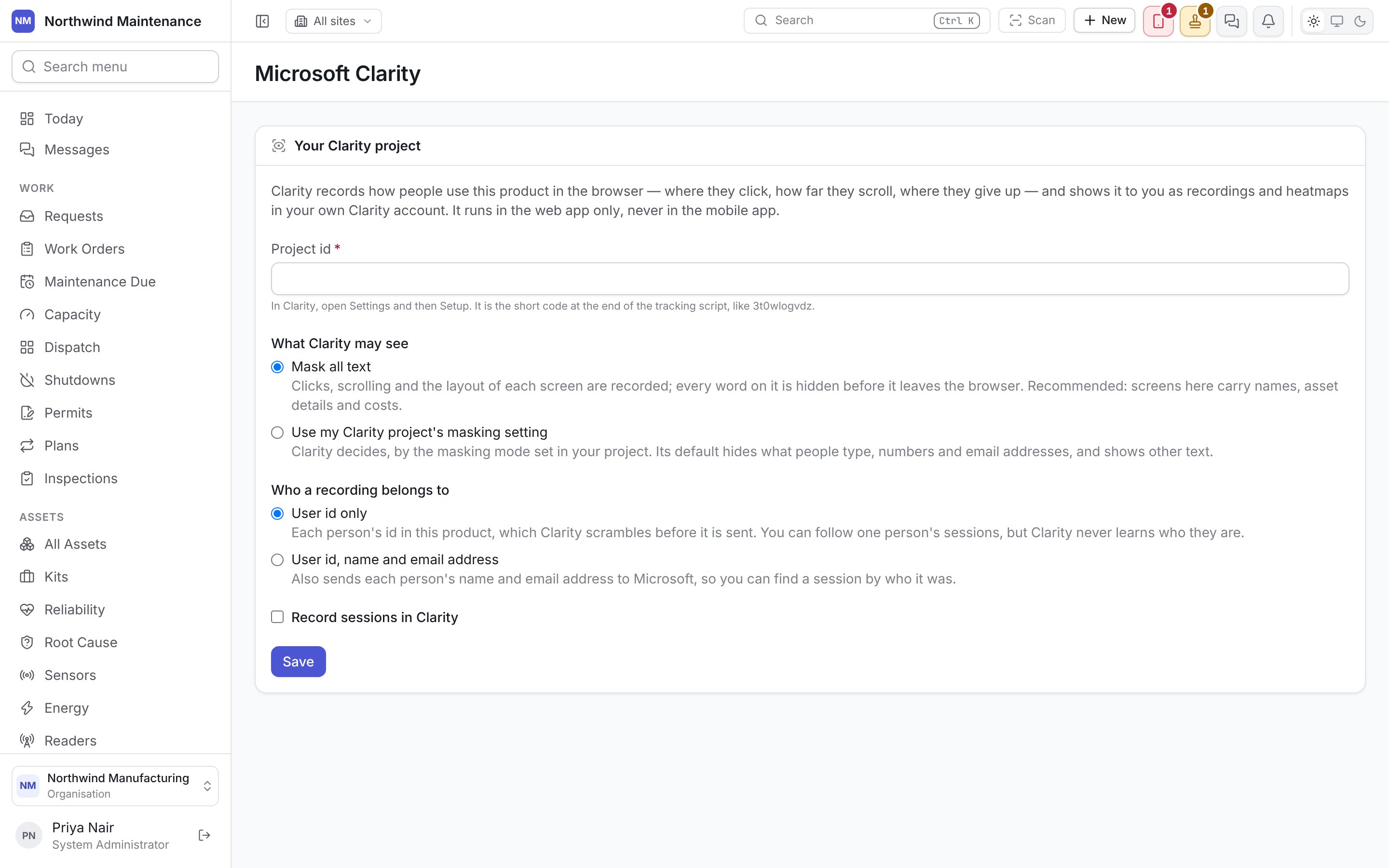 The Microsoft Clarity screen, with the Project id, What Clarity may see, Who a recording belongs to and Record sessions in Clarity