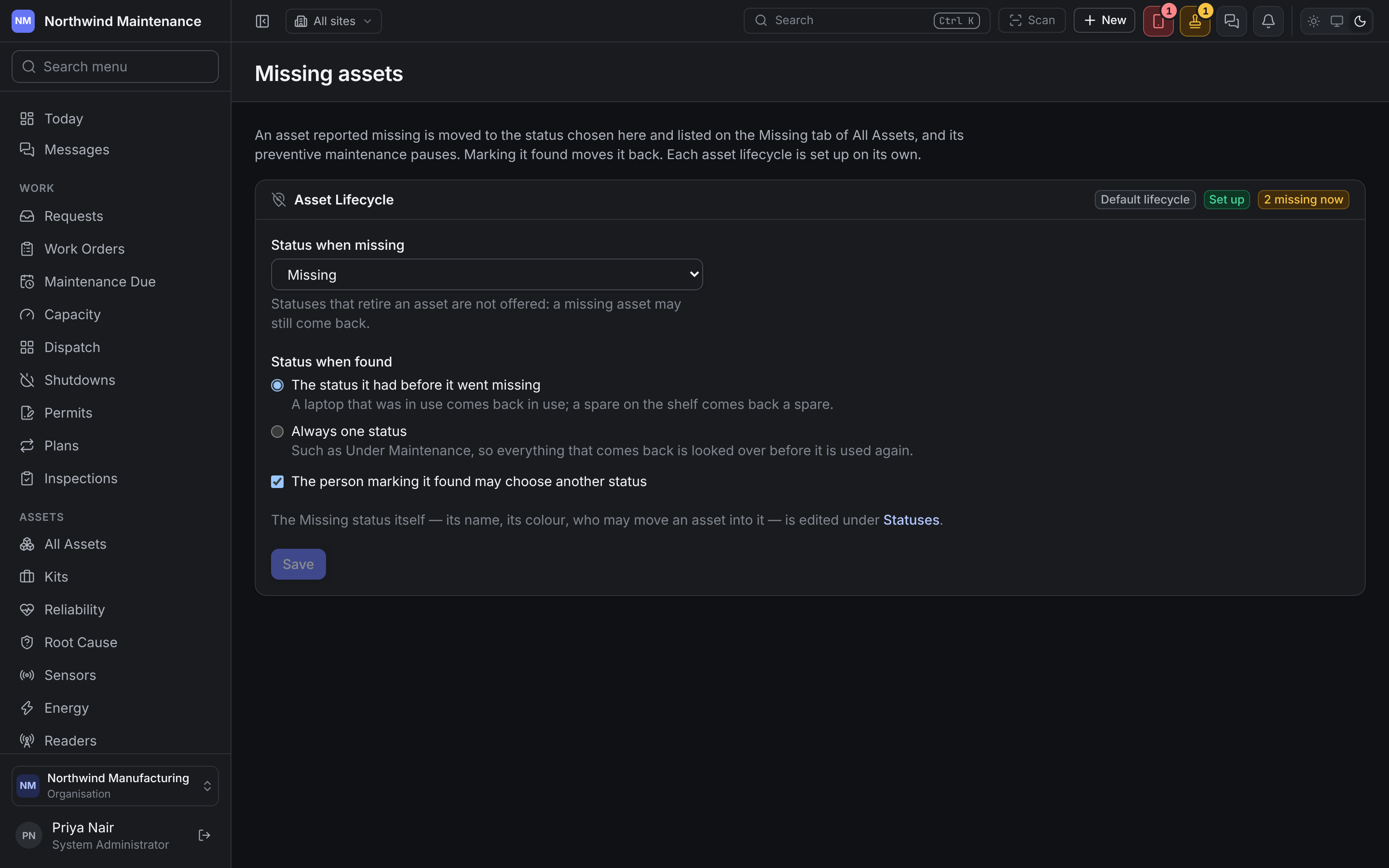 The Missing assets screen with the Asset Lifecycle card set up: Status when missing, Status when found and whoever marks it found may choose another status