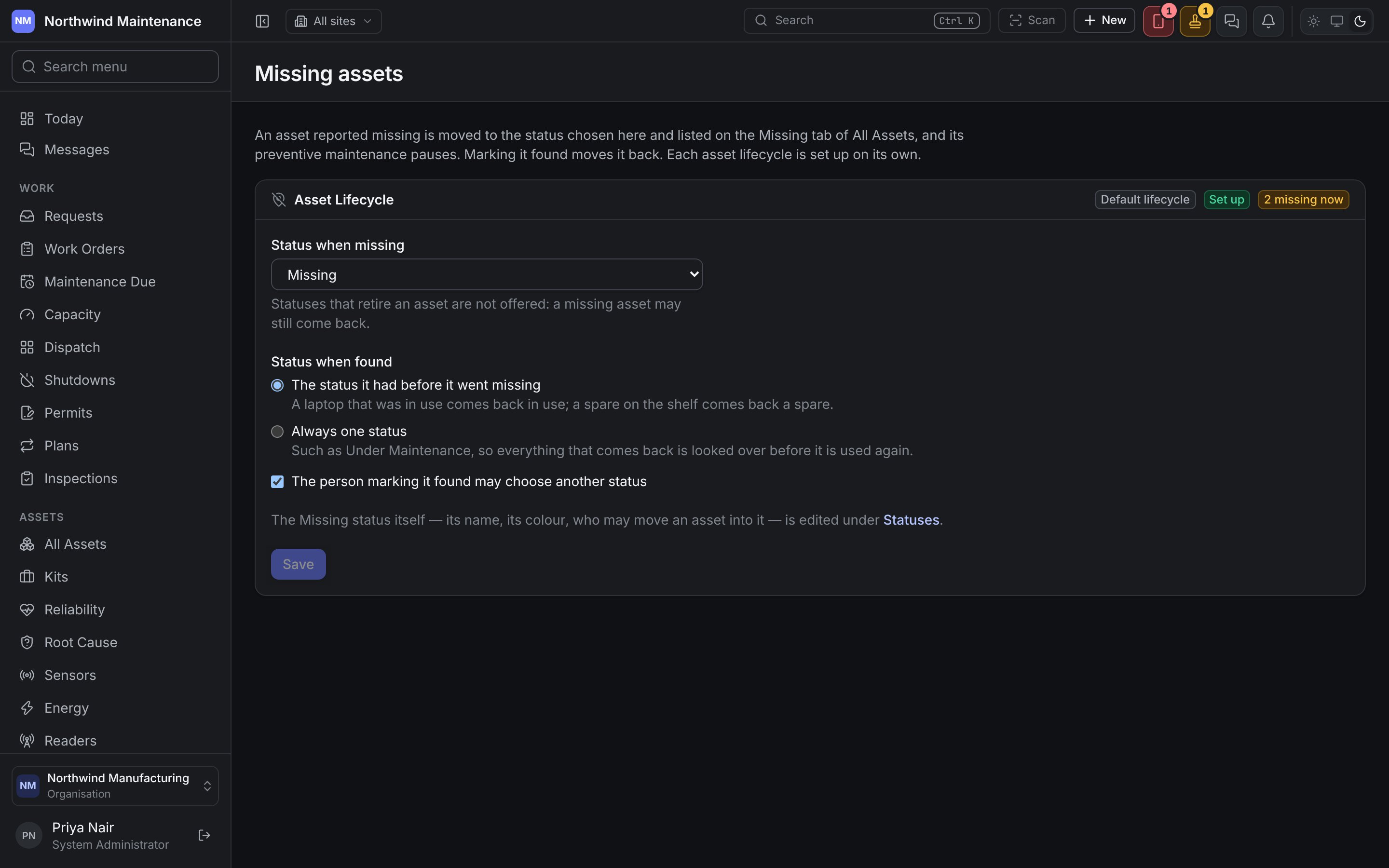 The Missing assets screen with the Asset Lifecycle card set up: Status when missing, Status when found and whoever marks it found may choose another status