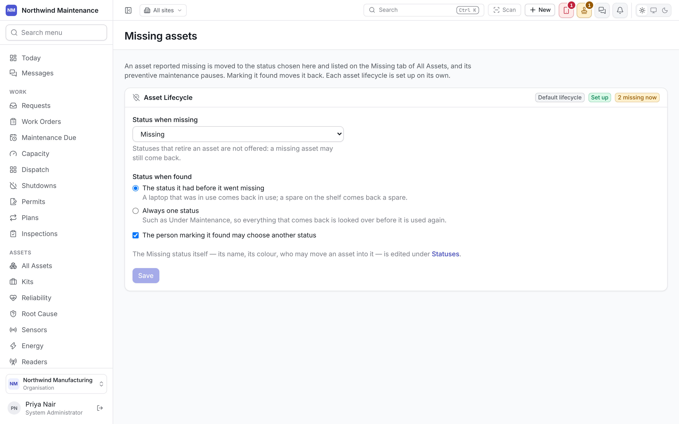The Missing assets screen with the Asset Lifecycle card set up: Status when missing, Status when found and whoever marks it found may choose another status