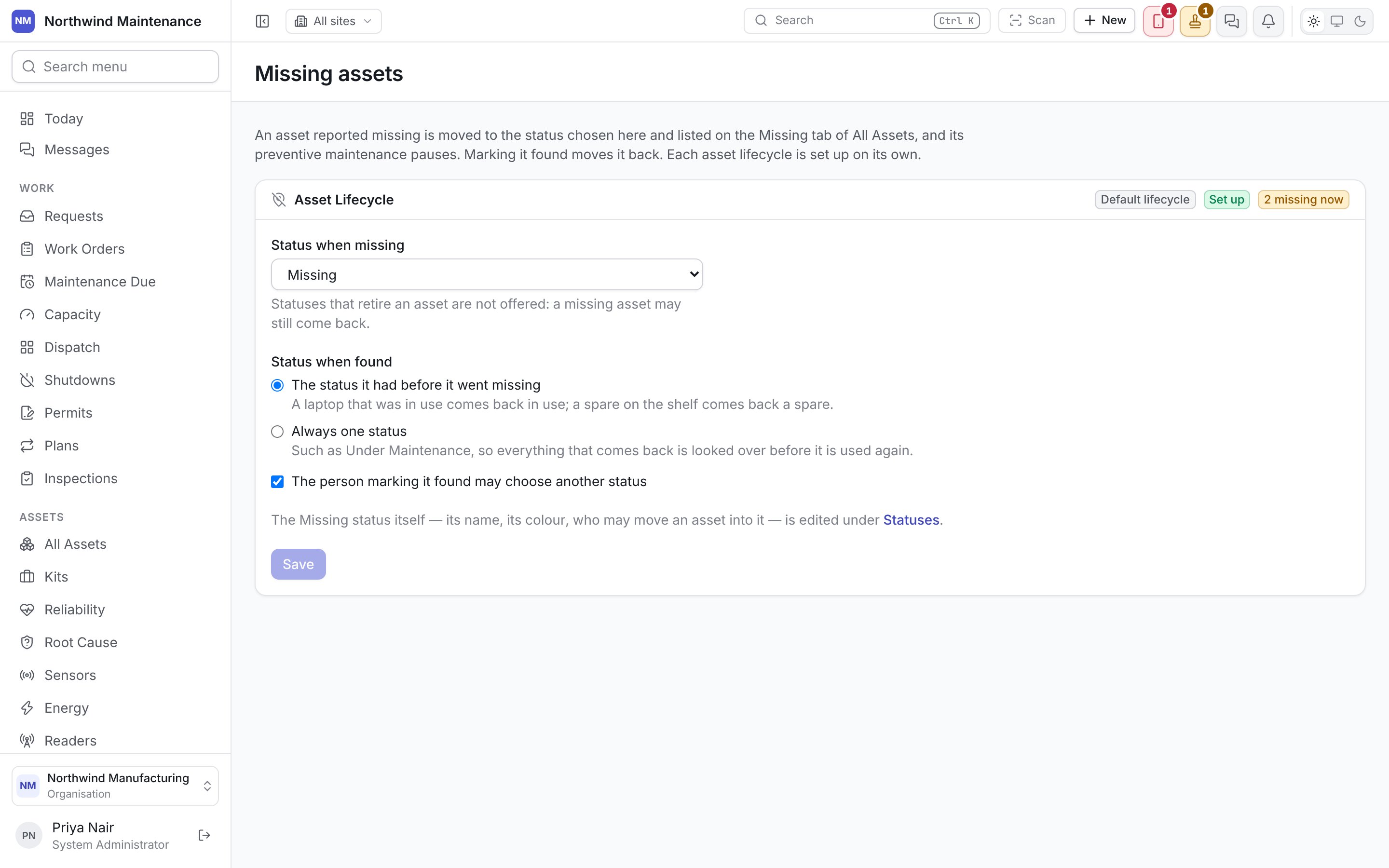 The Missing assets screen with the Asset Lifecycle card set up: Status when missing, Status when found and whoever marks it found may choose another status