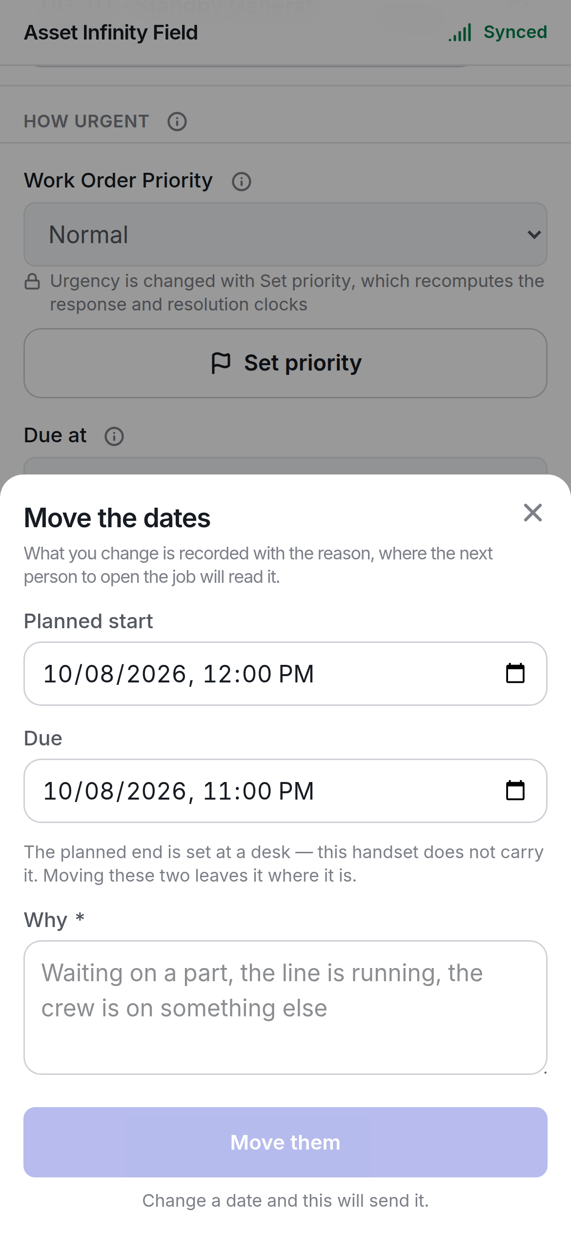 The Move the dates sheet with Planned start, Due and Why