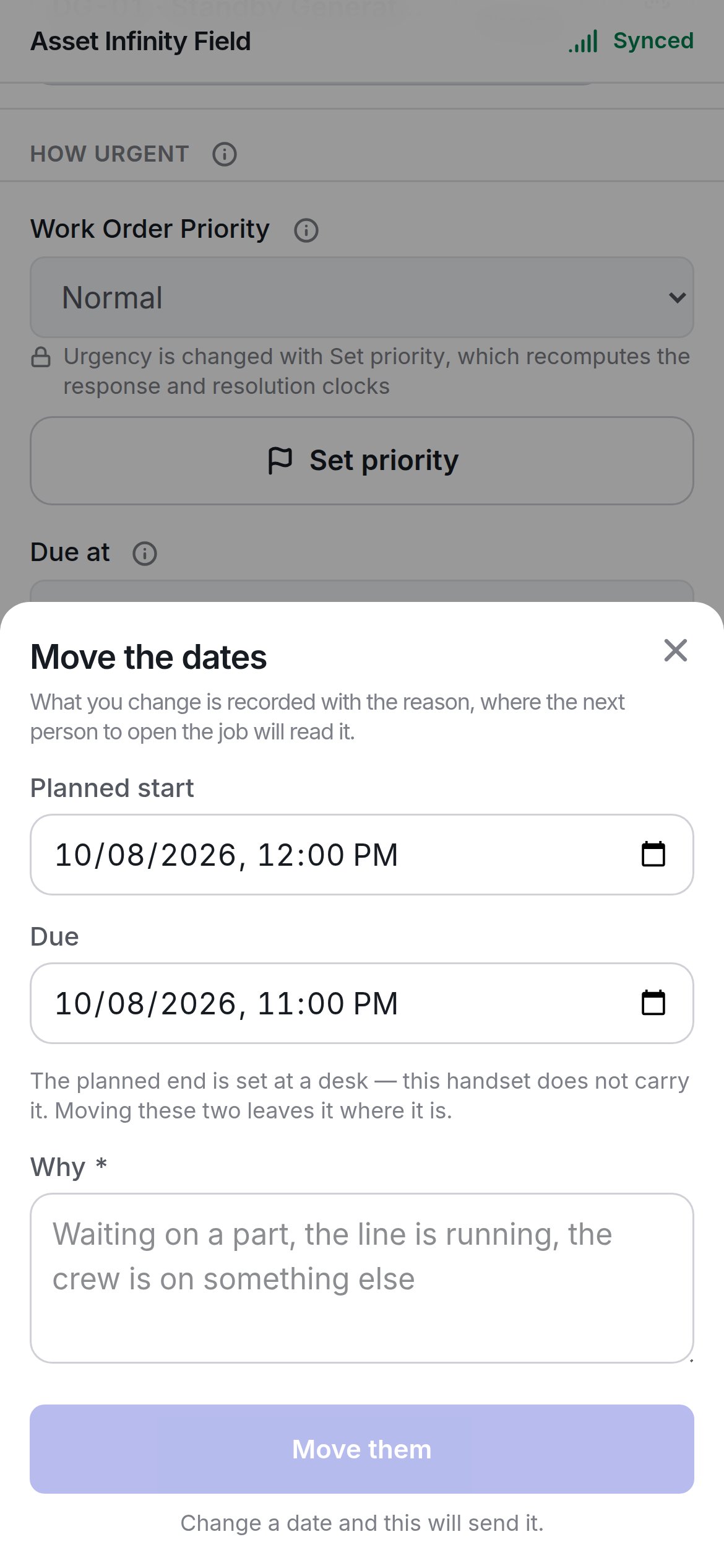 The Move the dates sheet with Planned start, Due and Why