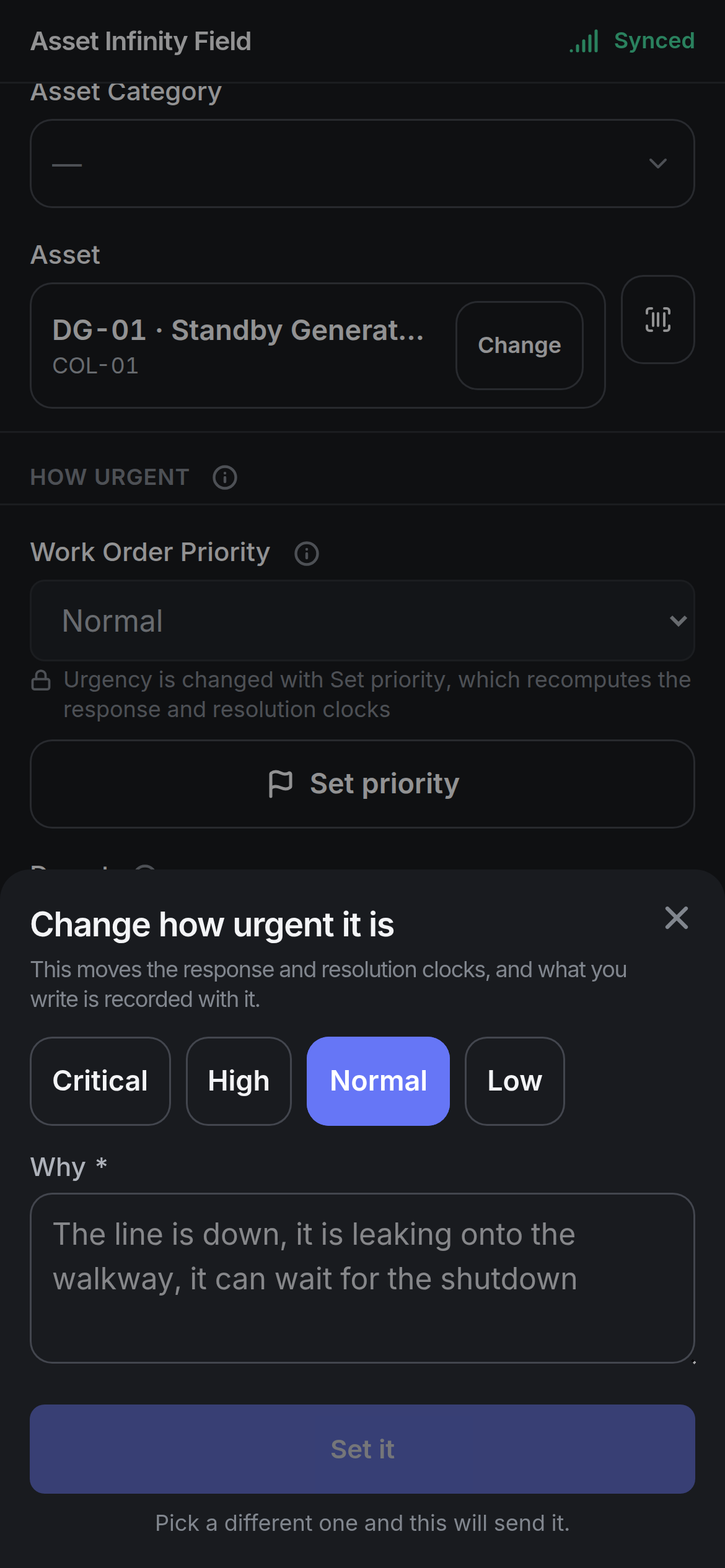The Change how urgent it is sheet with Critical, High, Normal, Low and Why