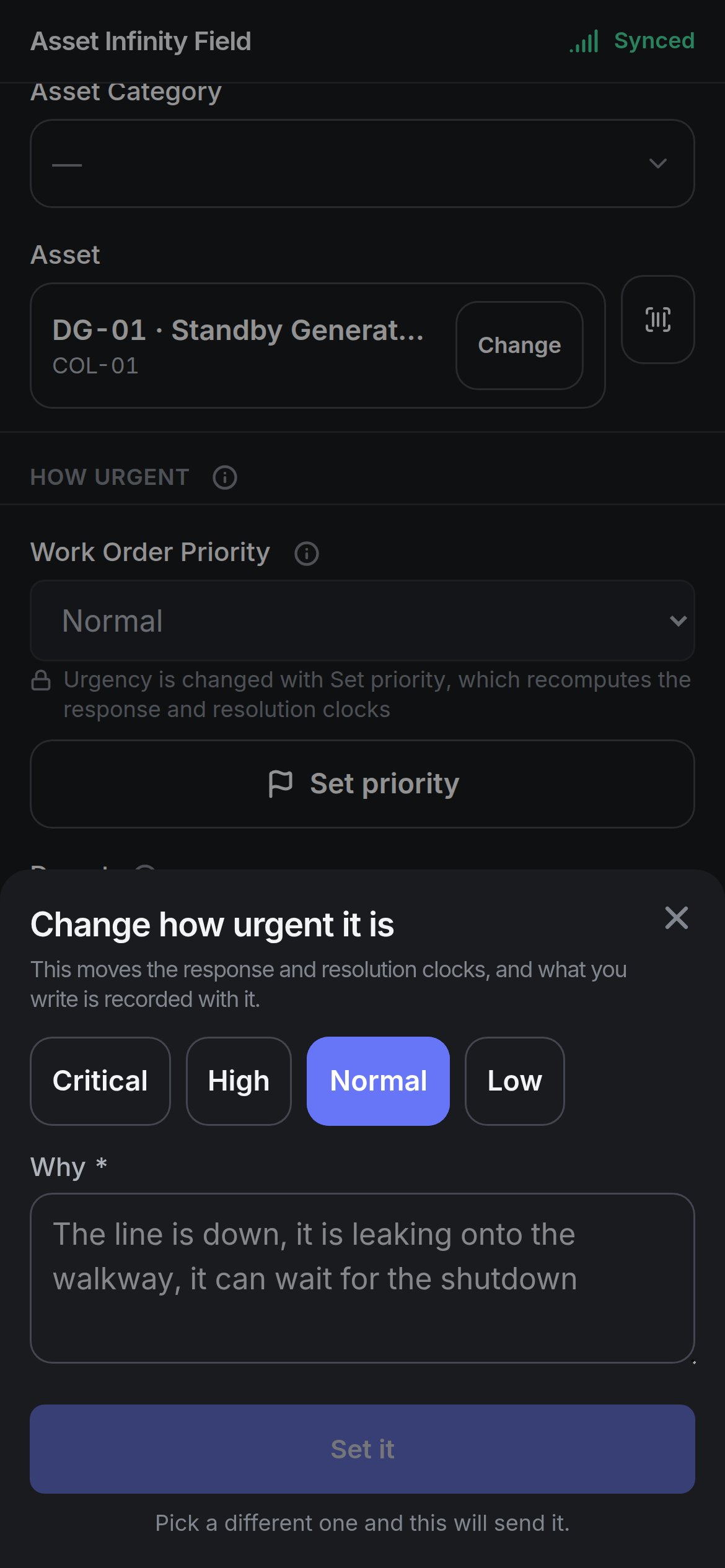 The Change how urgent it is sheet with Critical, High, Normal, Low and Why