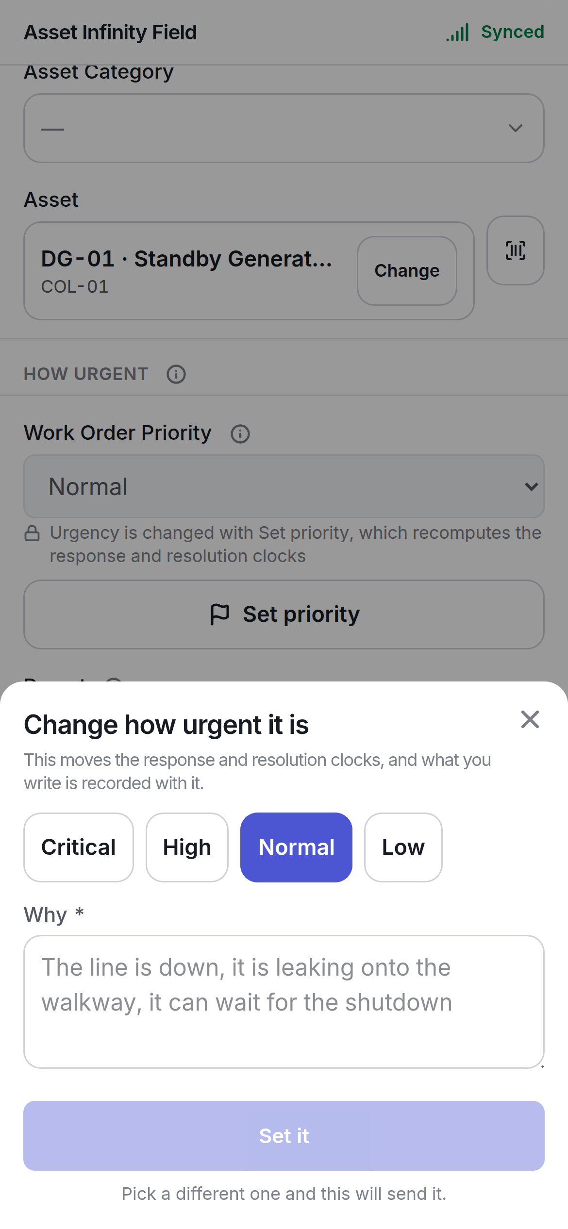 The Change how urgent it is sheet with Critical, High, Normal, Low and Why