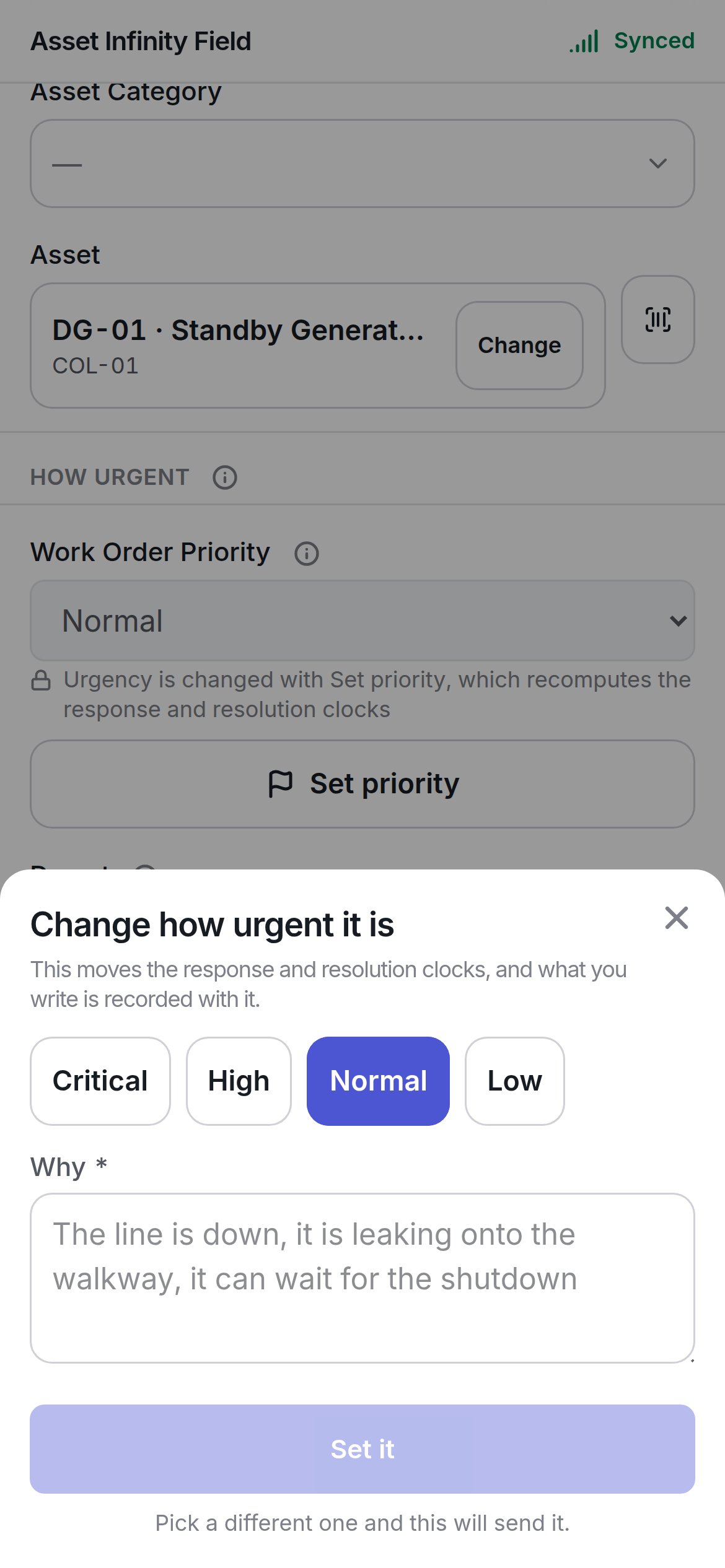 The Change how urgent it is sheet with Critical, High, Normal, Low and Why
