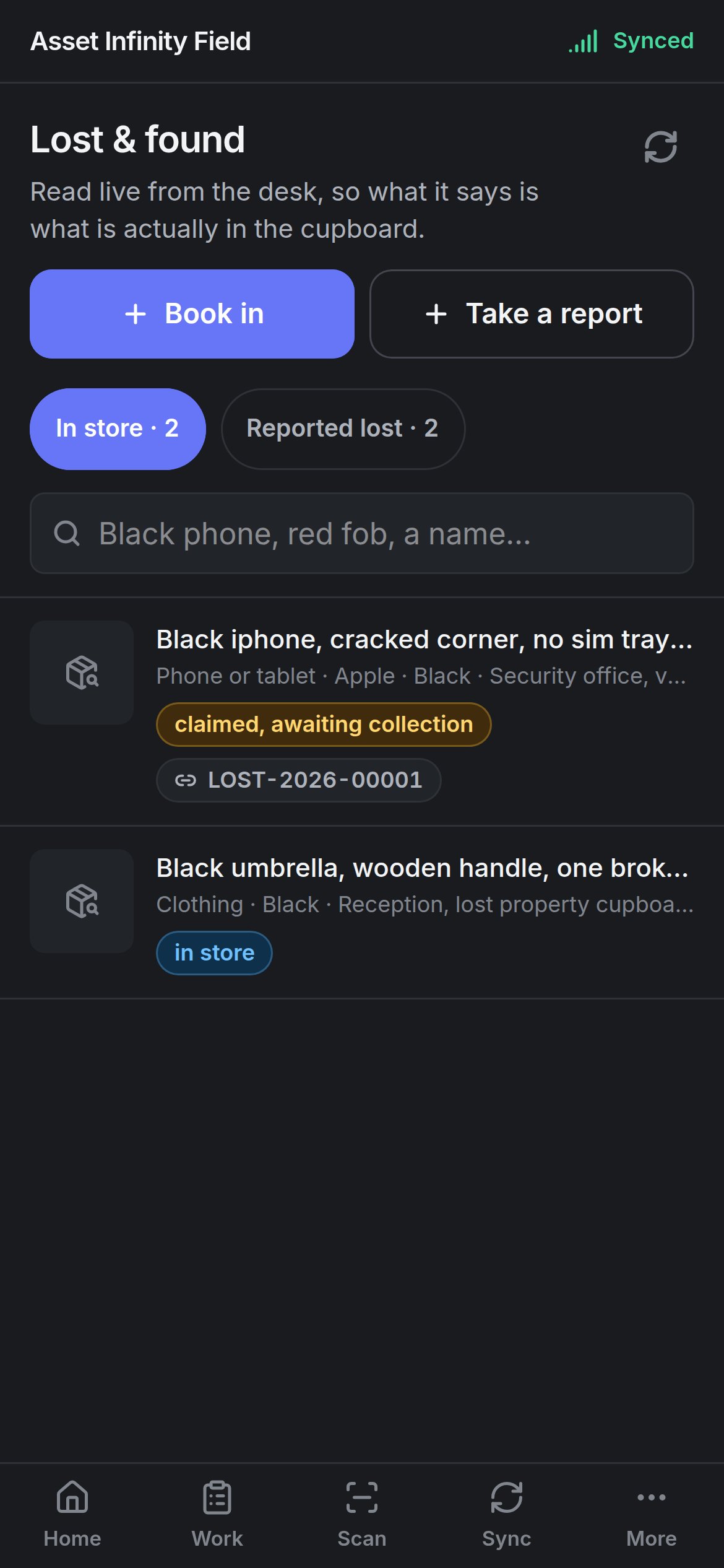 The Lost & found screen with Book in, Take a report and the In store list
