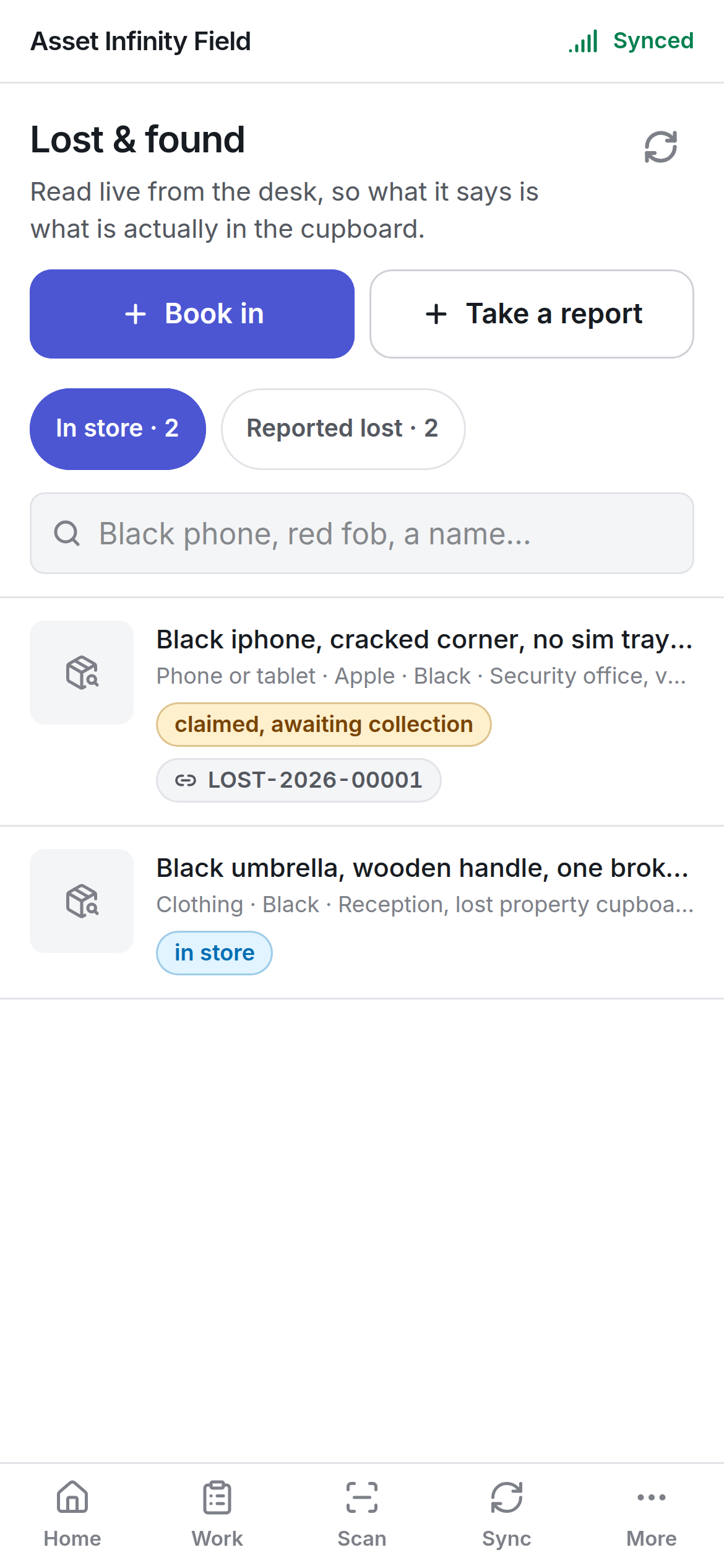 The Lost & found screen with Book in, Take a report and the In store list