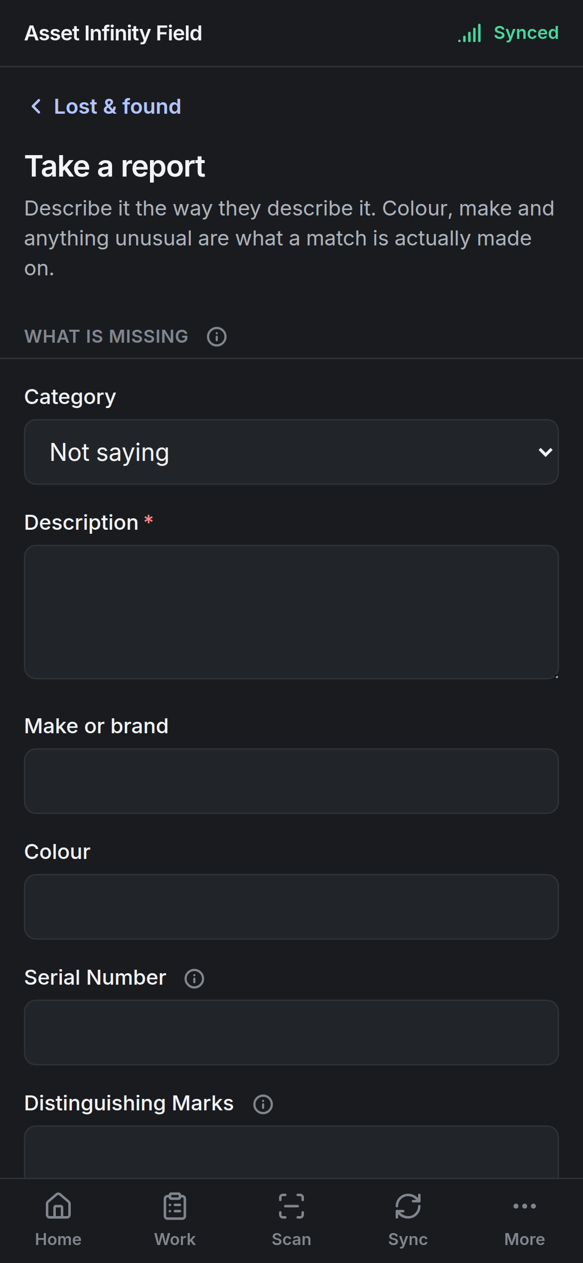The Take a report form
