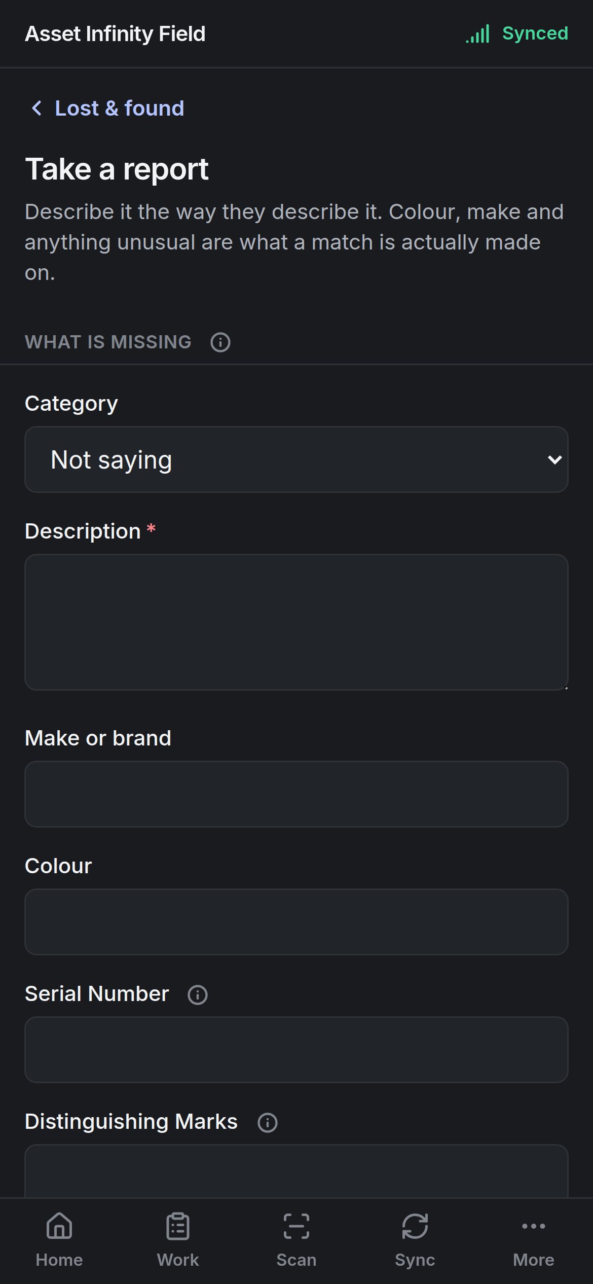 The Take a report form