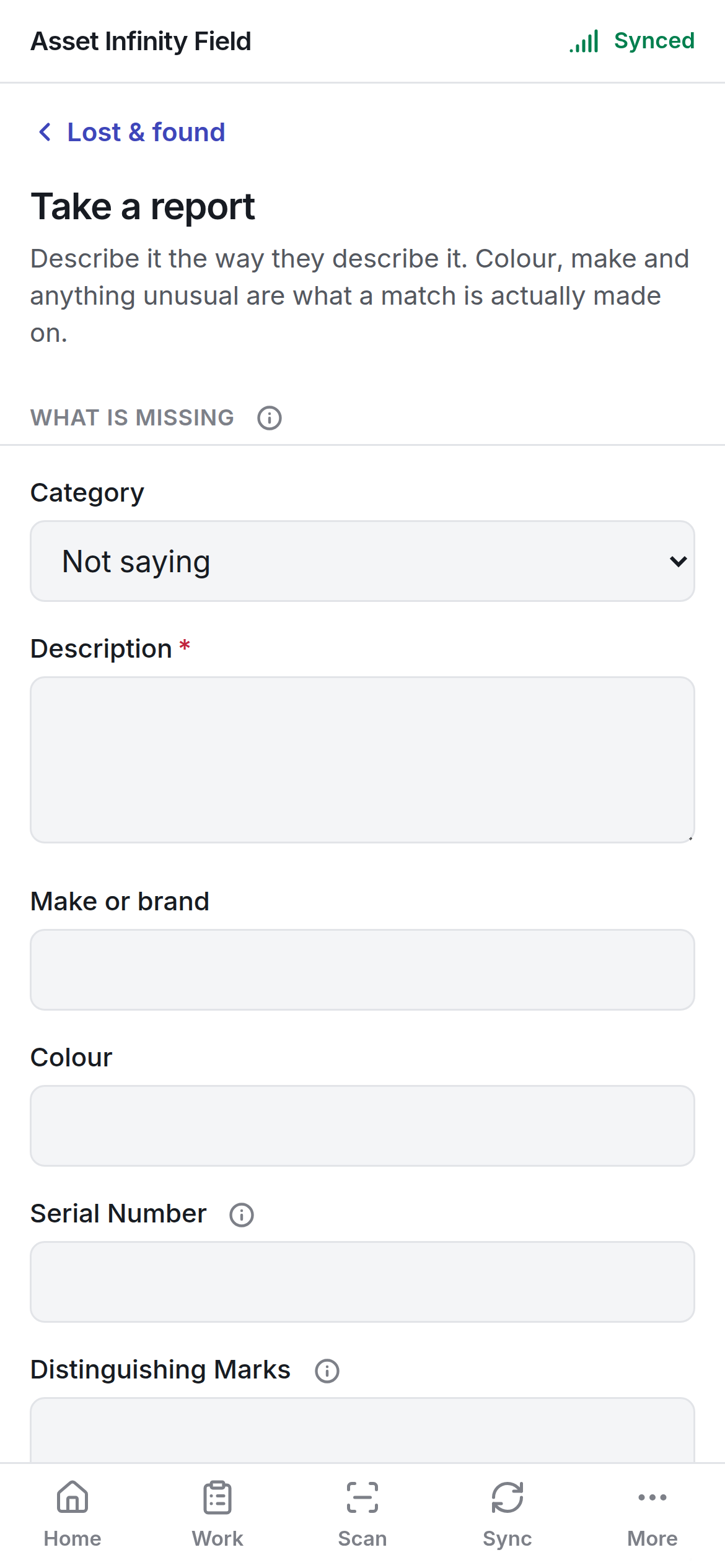 The Take a report form
