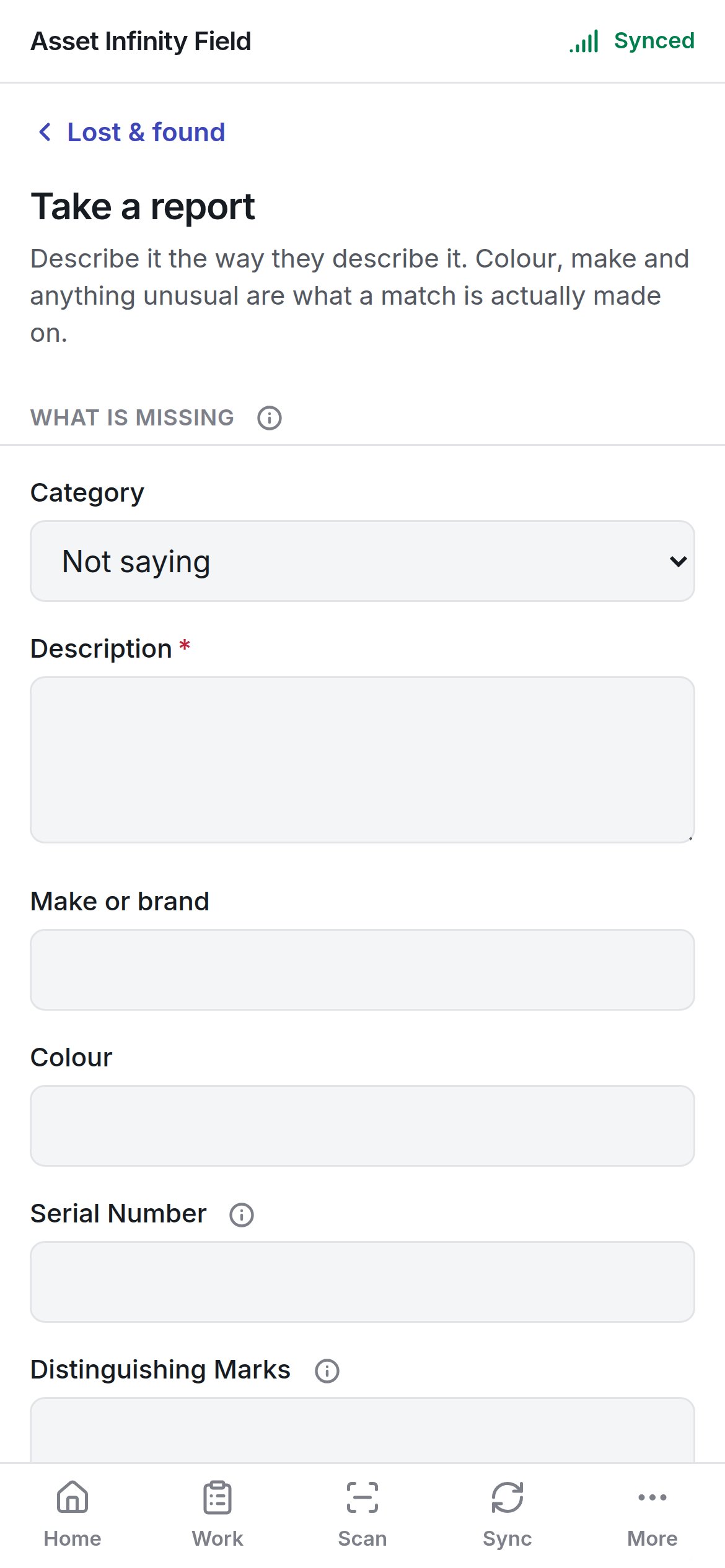 The Take a report form