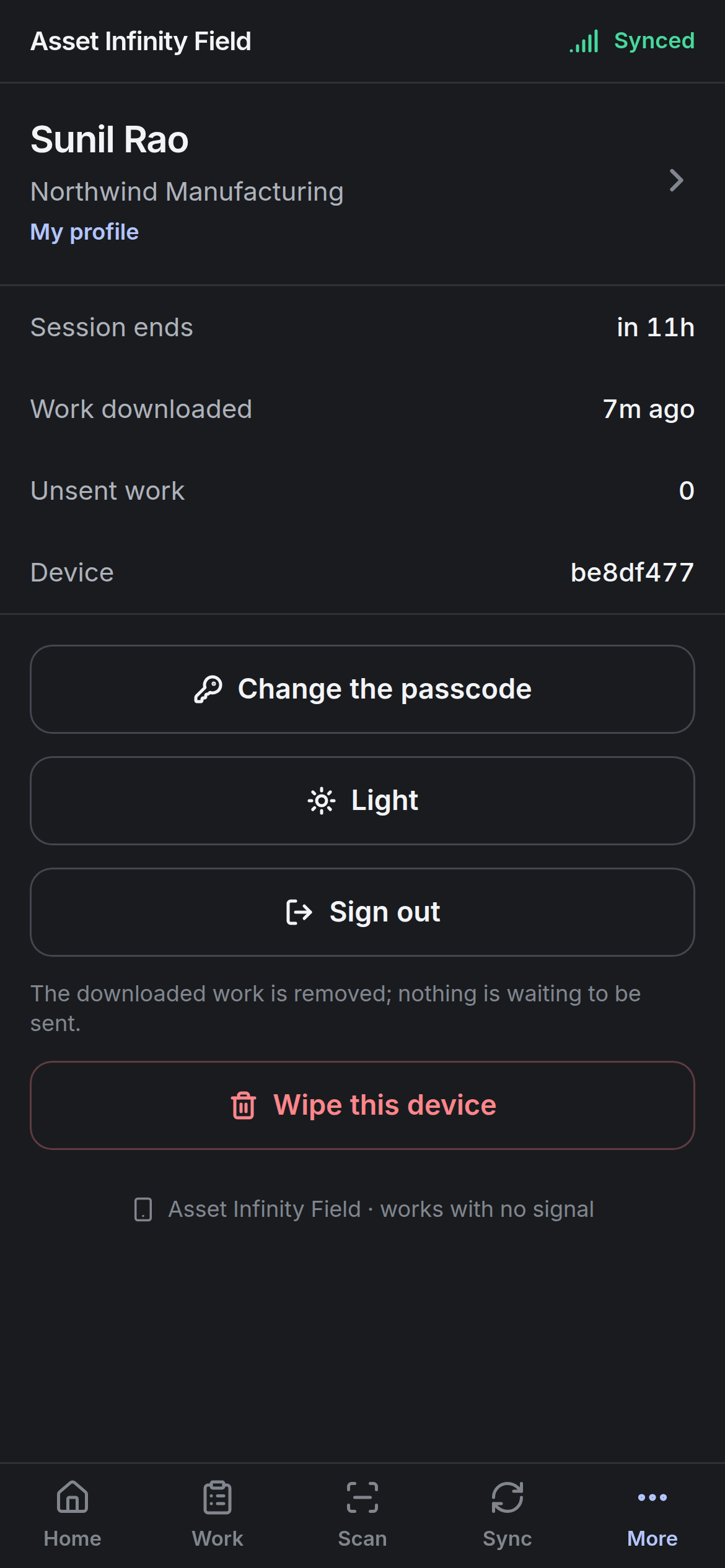 The More tab with session, download, unsent work and device, and the passcode, appearance and sign-out buttons