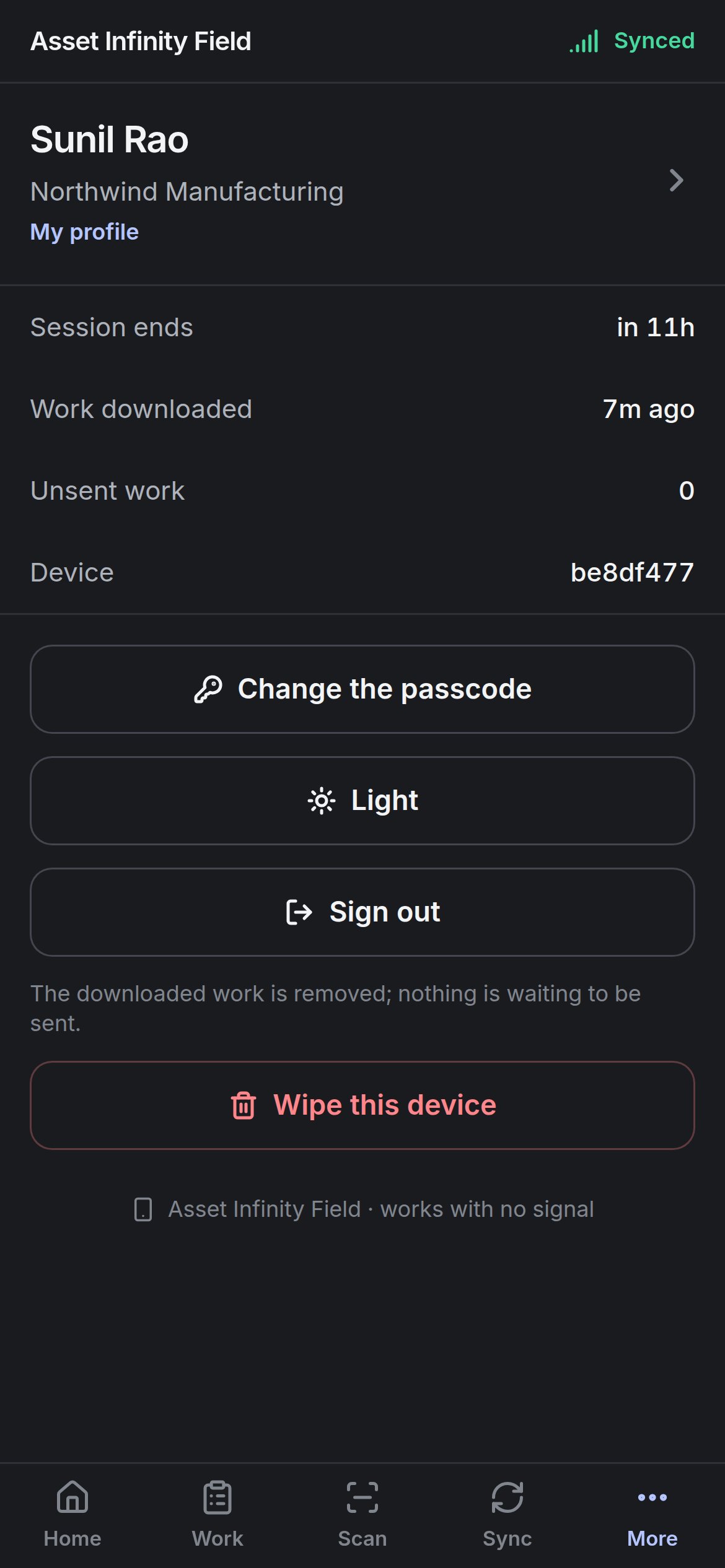 The More tab with session, download, unsent work and device, and the passcode, appearance and sign-out buttons
