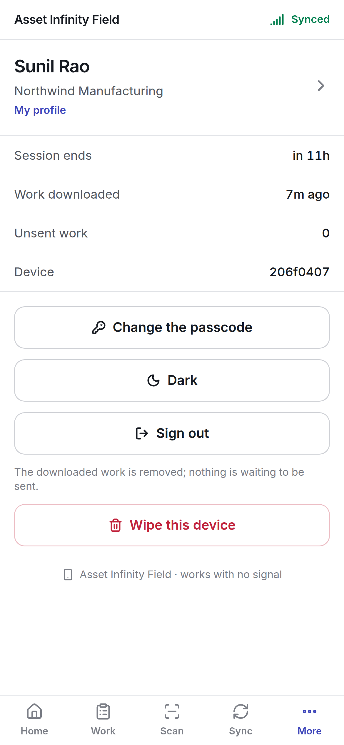 The More tab with session, download, unsent work and device, and the passcode, appearance and sign-out buttons