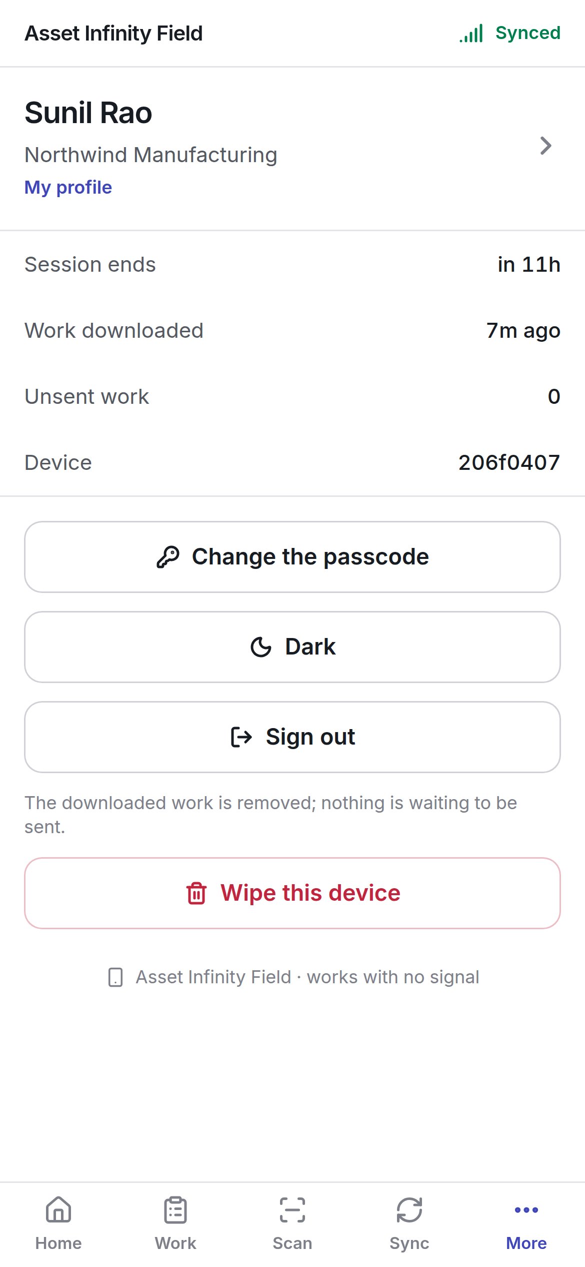 The More tab with session, download, unsent work and device, and the passcode, appearance and sign-out buttons