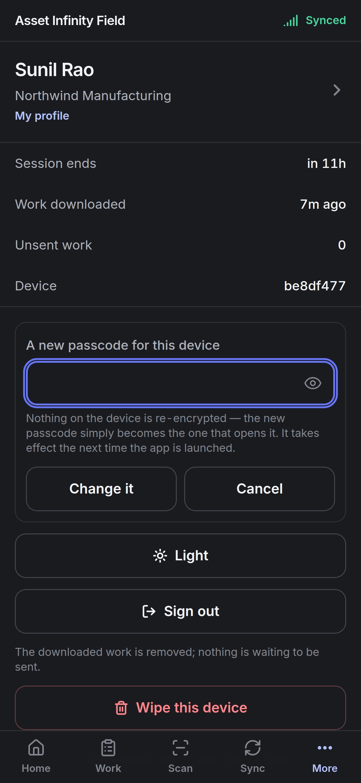 Changing the passcode with A new passcode for this device, Change it and Cancel