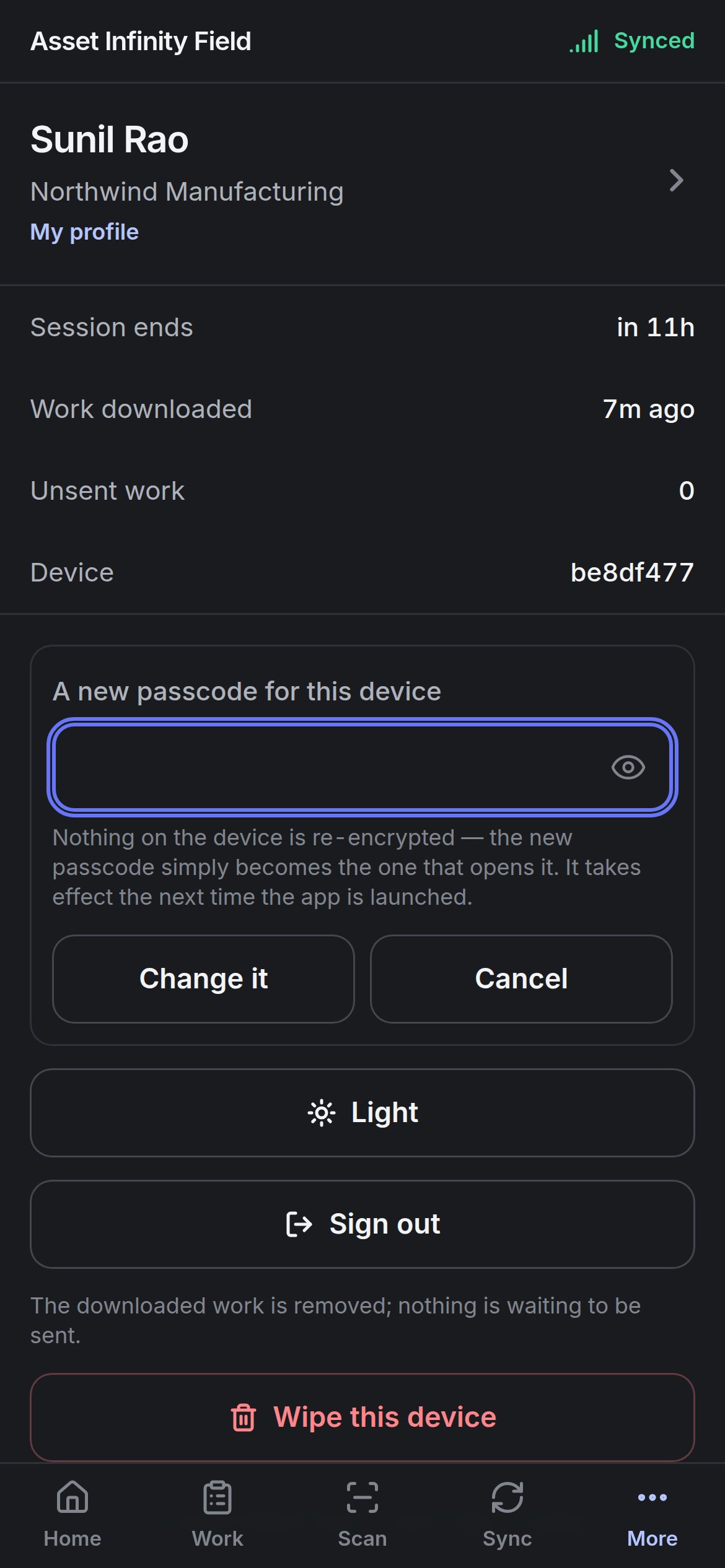 Changing the passcode with A new passcode for this device, Change it and Cancel