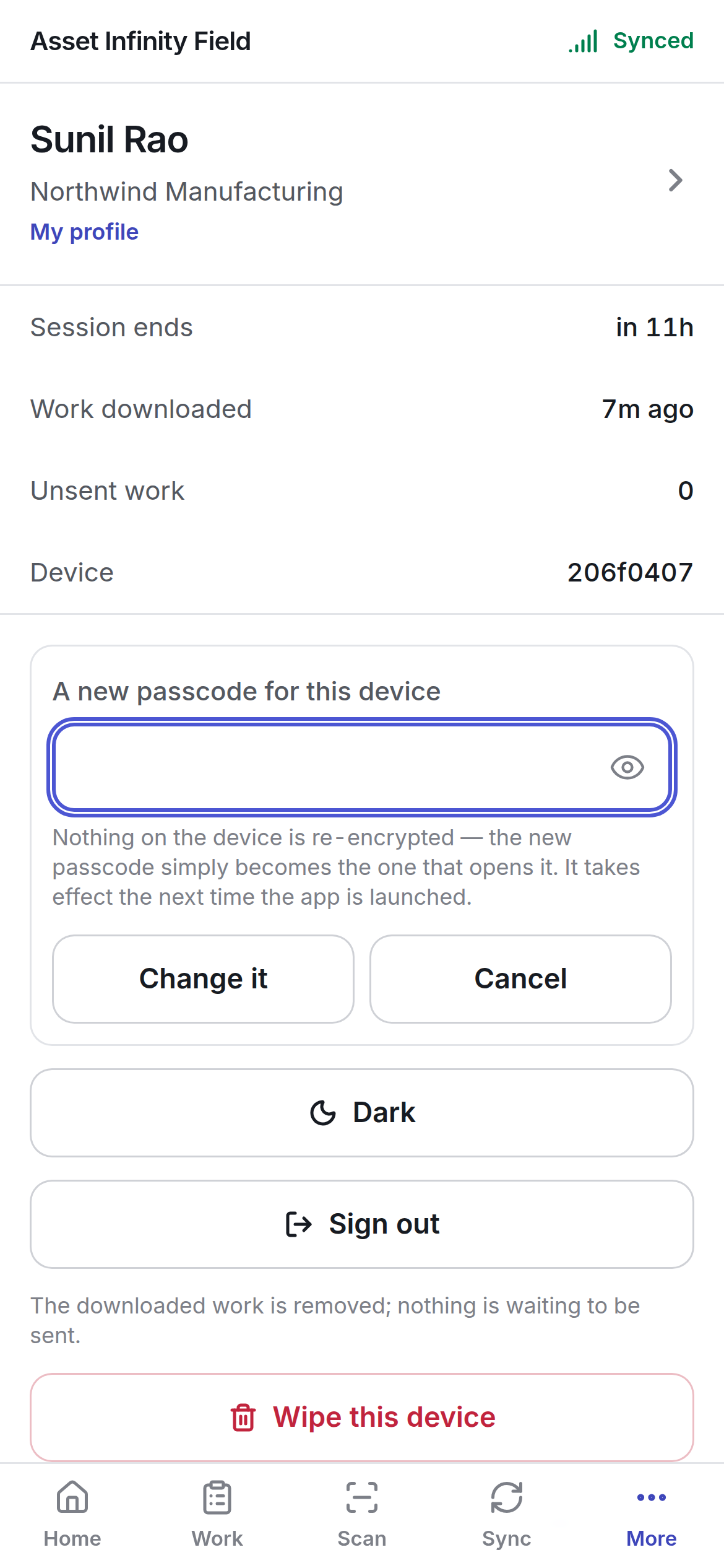 Changing the passcode with A new passcode for this device, Change it and Cancel
