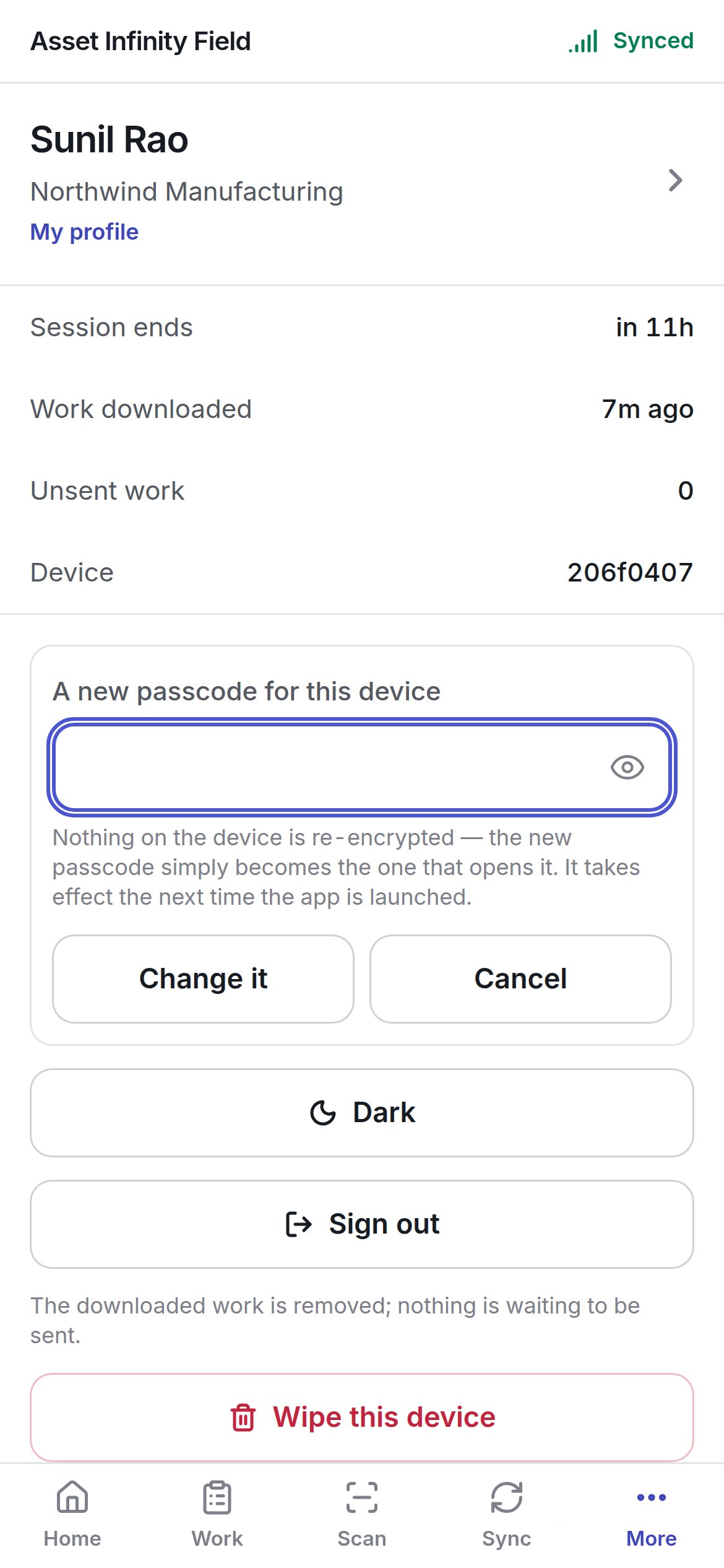 Changing the passcode with A new passcode for this device, Change it and Cancel