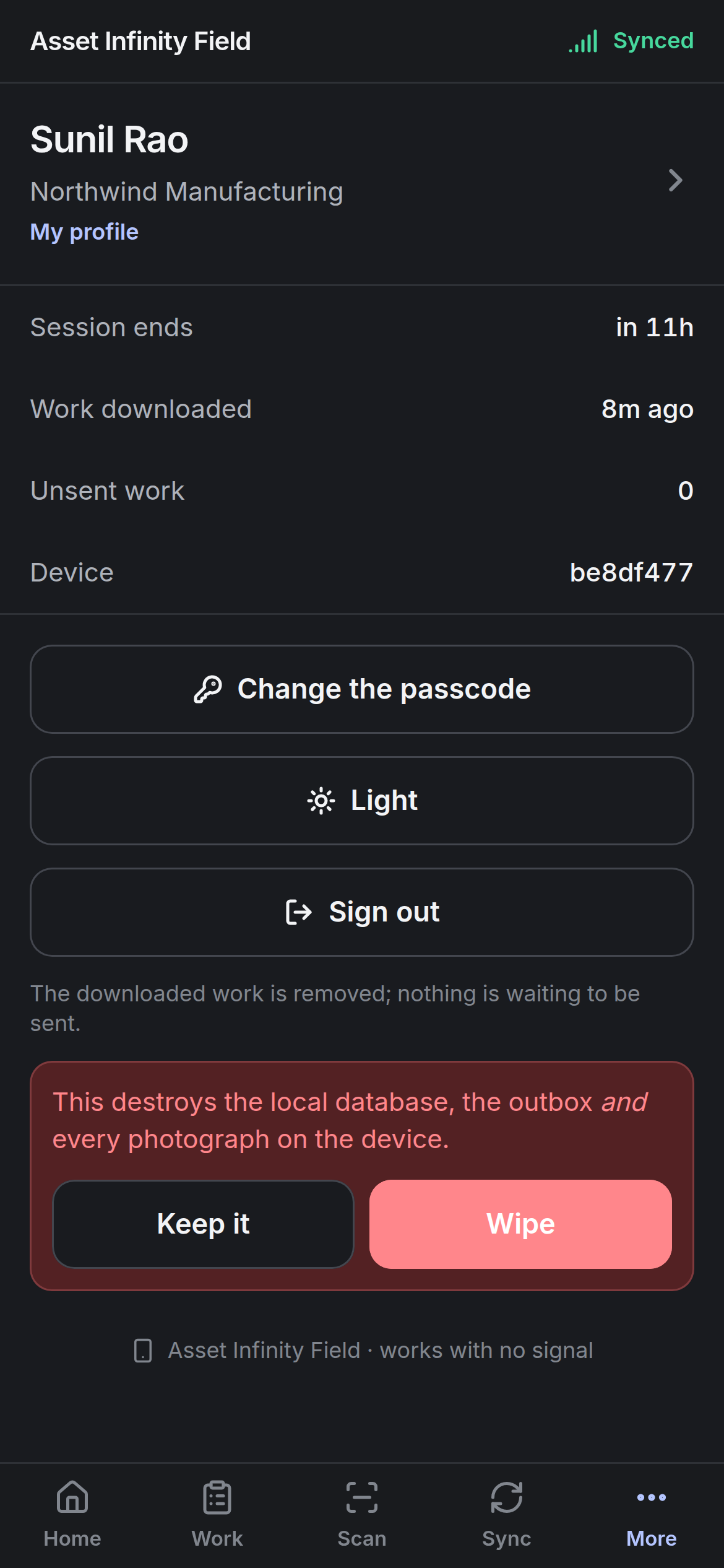 The wipe confirmation: This destroys the local database, the outbox and every photograph on the device